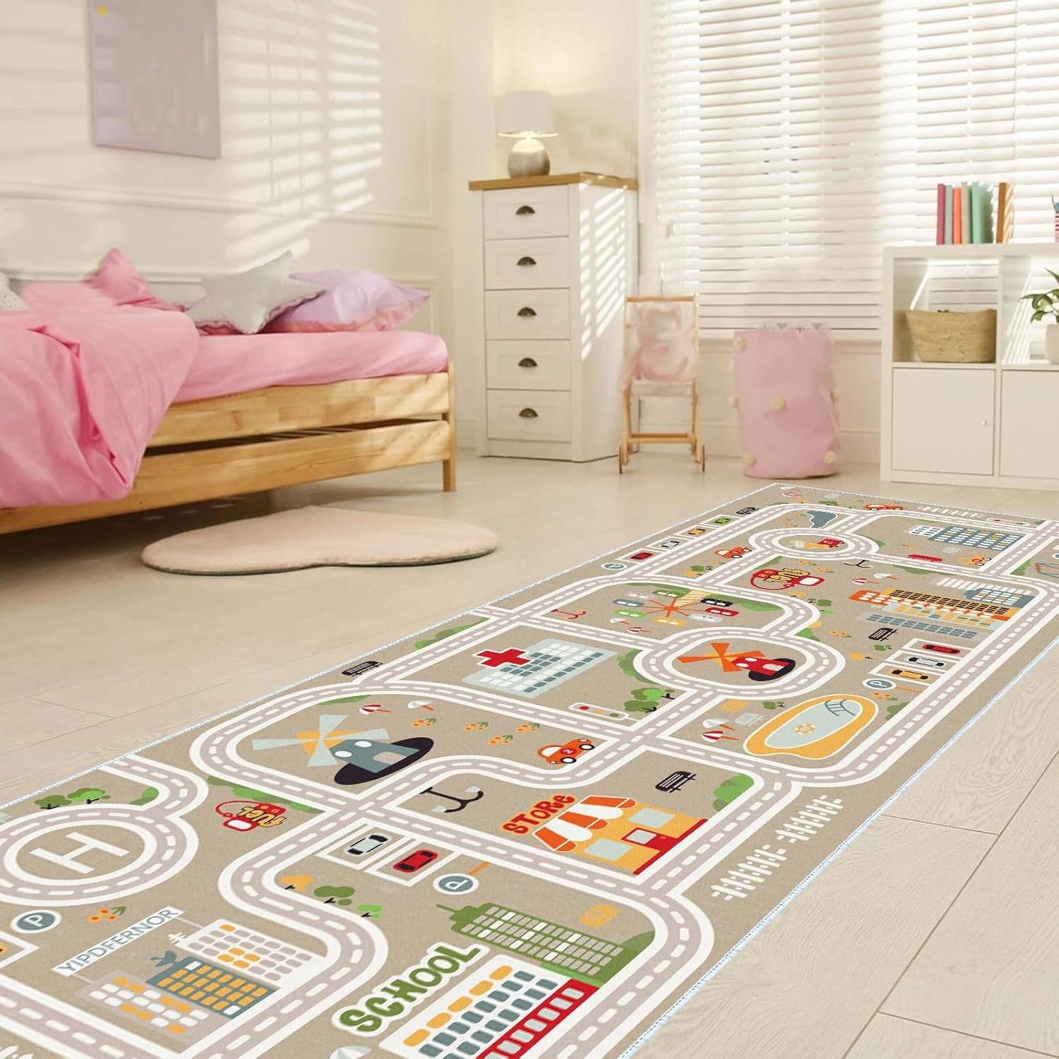 Kids Car Train Rug, 2' x 4' Boys Play Carpet, Floor Mat Playmat for Playroom Bedroom Kids Toddler Room，Non Slip Rug Backing (Grey, 2' x 4')