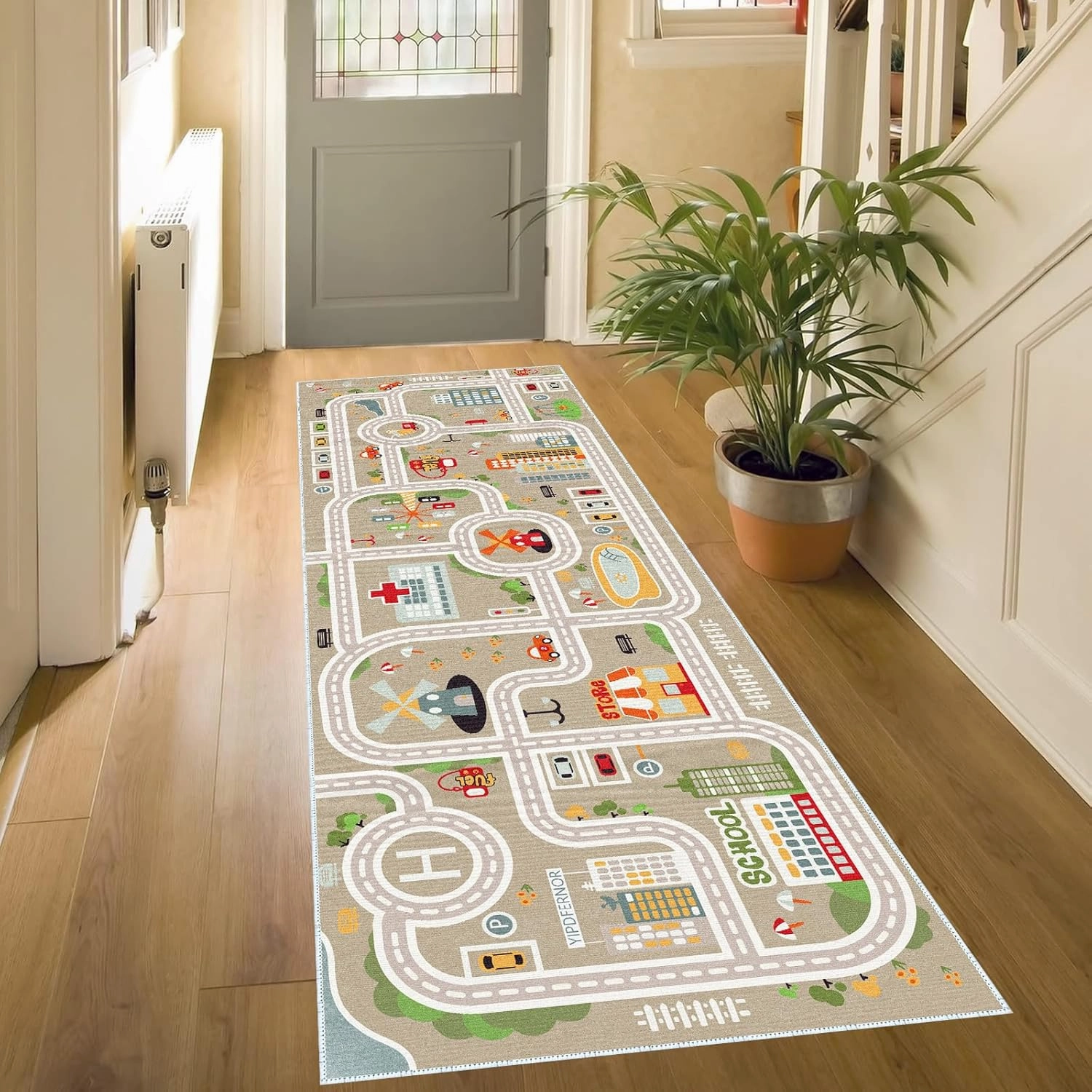Kids Car Train Rug, 2' x 4' Boys Play Carpet, Floor Mat Playmat for Playroom Bedroom Kids Toddler Room，Non Slip Rug Backing (Grey, 2' x 4')