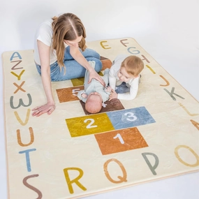 Kids Playroom & Classroom Rug | 4'7'' x 6'6'' Hopscotch Washable Rug for Kids | Playing Accessories for Toddlers | Large Alphabets & Numbers Carpet - Childrens Neutral Playing Room Decor