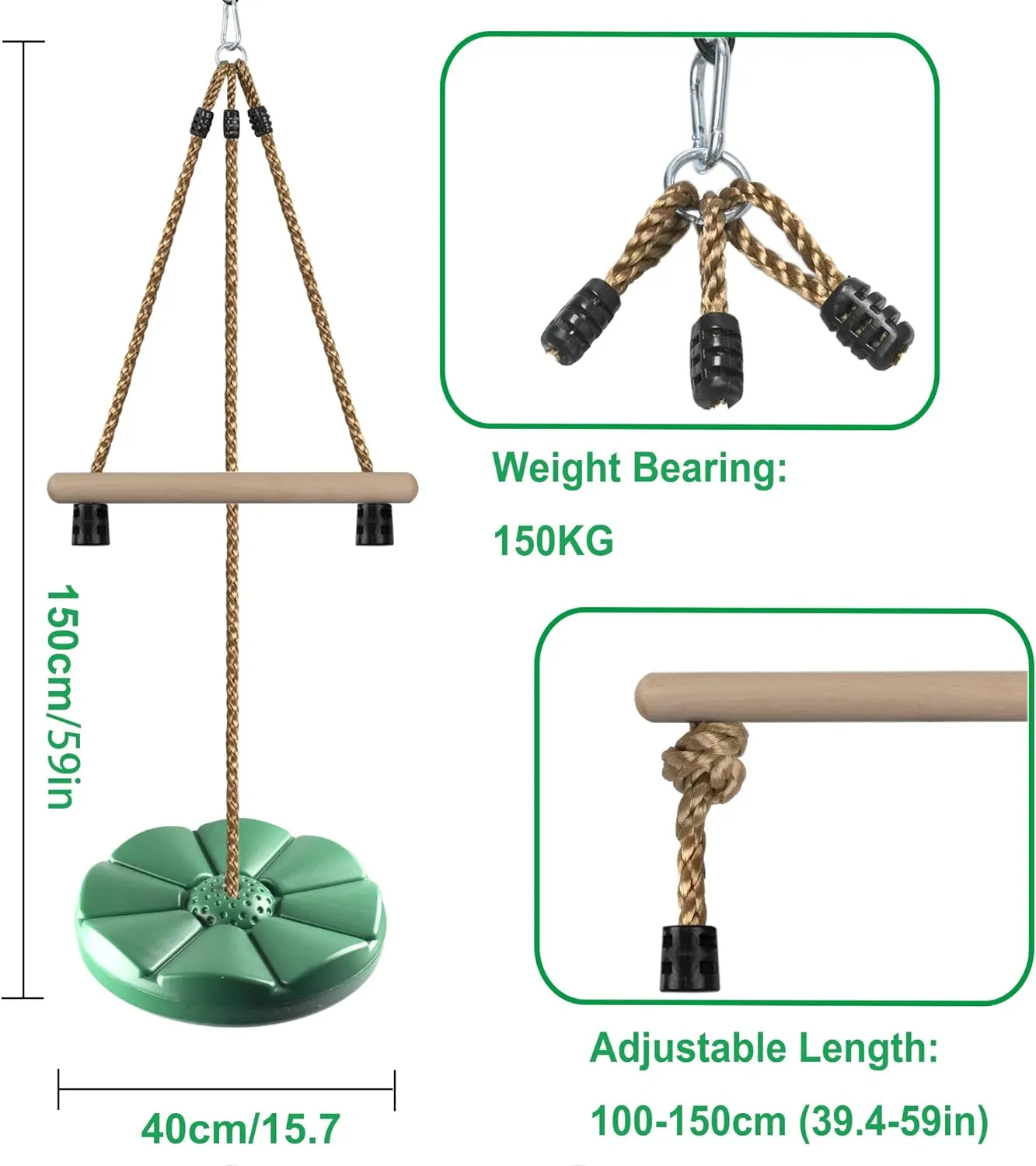 KINSPORY Disc Swing for Kids, Swing Set Accessories, 7FT Height Adjustable Gym Monkey Bars, Hanging Tree Seat for Backyard, Outdoor Play Equipment - Green