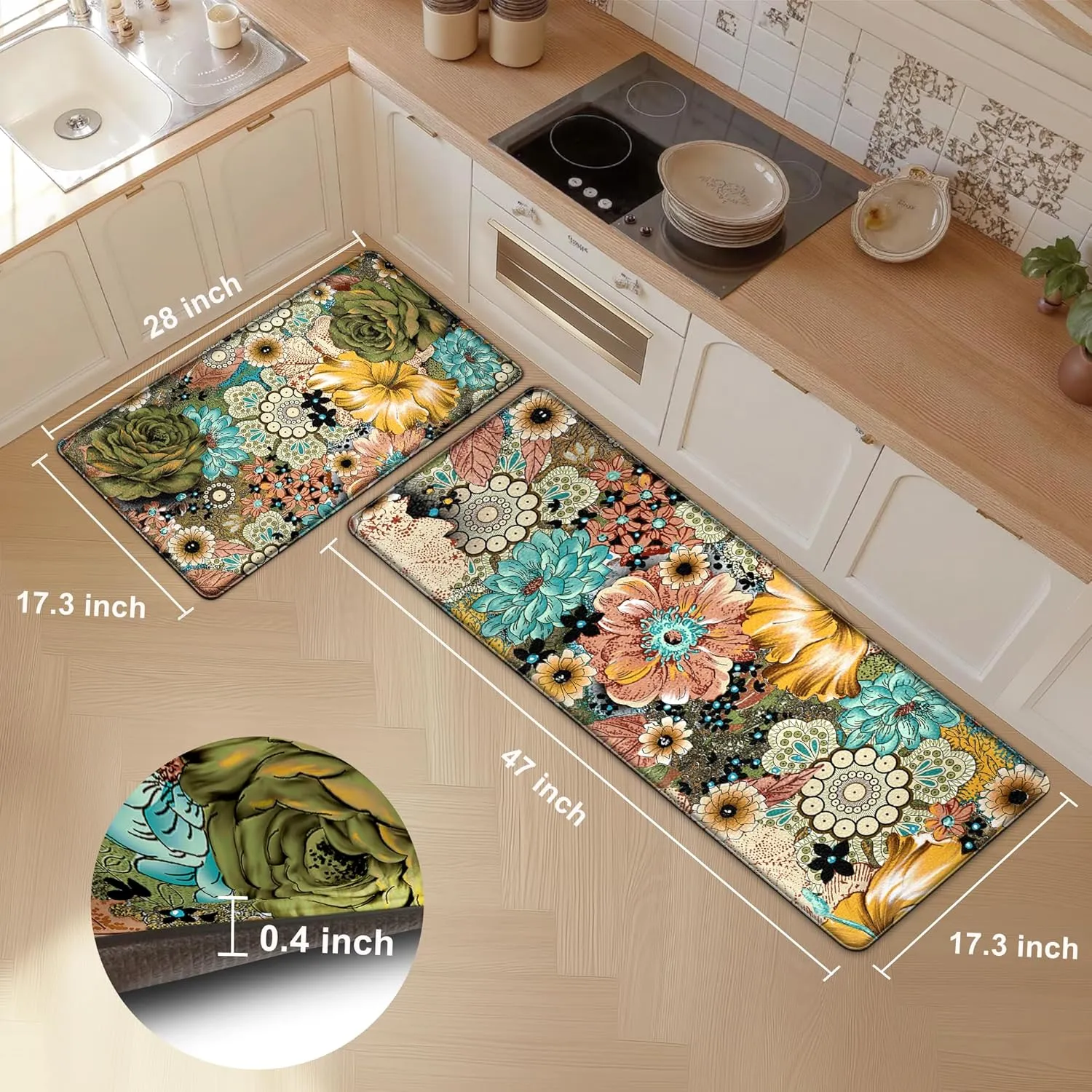 Kitchen Mats for Floor Cushioned Anti Fatigue Sets of 2 Boho Floral Kitchen Rugs Non Slip Waterproof Memory Foam Kitchen Floor Mats Padded Comfort Standing Mat Rug for Sink Laundry Office