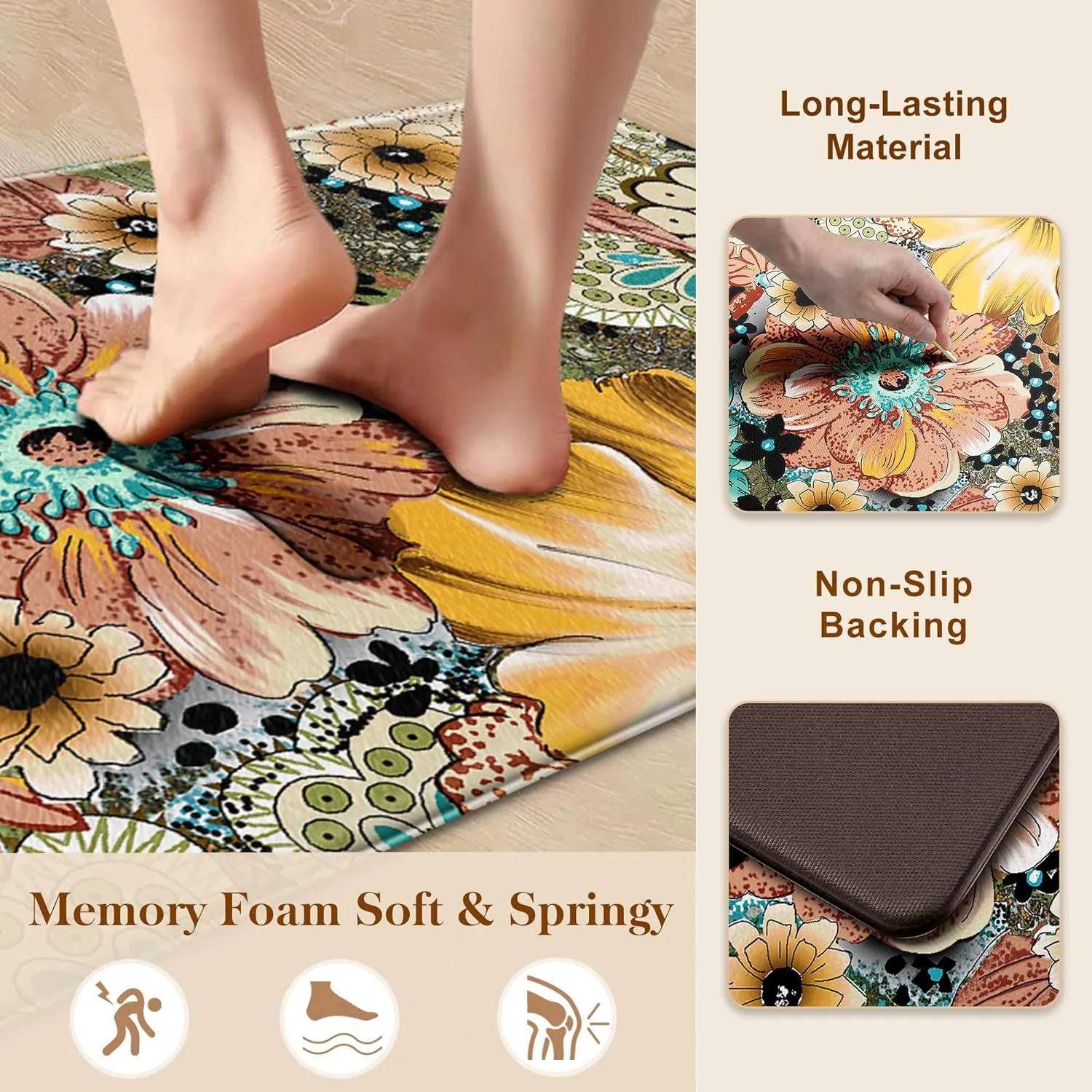 Kitchen Mats for Floor Cushioned Anti Fatigue Sets of 2 Boho Floral Kitchen Rugs Non Slip Waterproof Memory Foam Kitchen Floor Mats Padded Comfort Standing Mat Rug for Sink Laundry Office