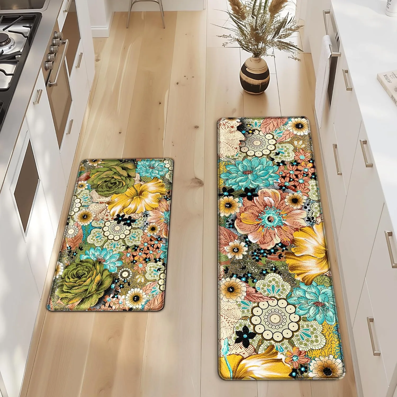 Kitchen Mats for Floor Cushioned Anti Fatigue Sets of 2 Boho Floral Kitchen Rugs Non Slip Waterproof Memory Foam Kitchen Floor Mats Padded Comfort Standing Mat Rug for Sink Laundry Office