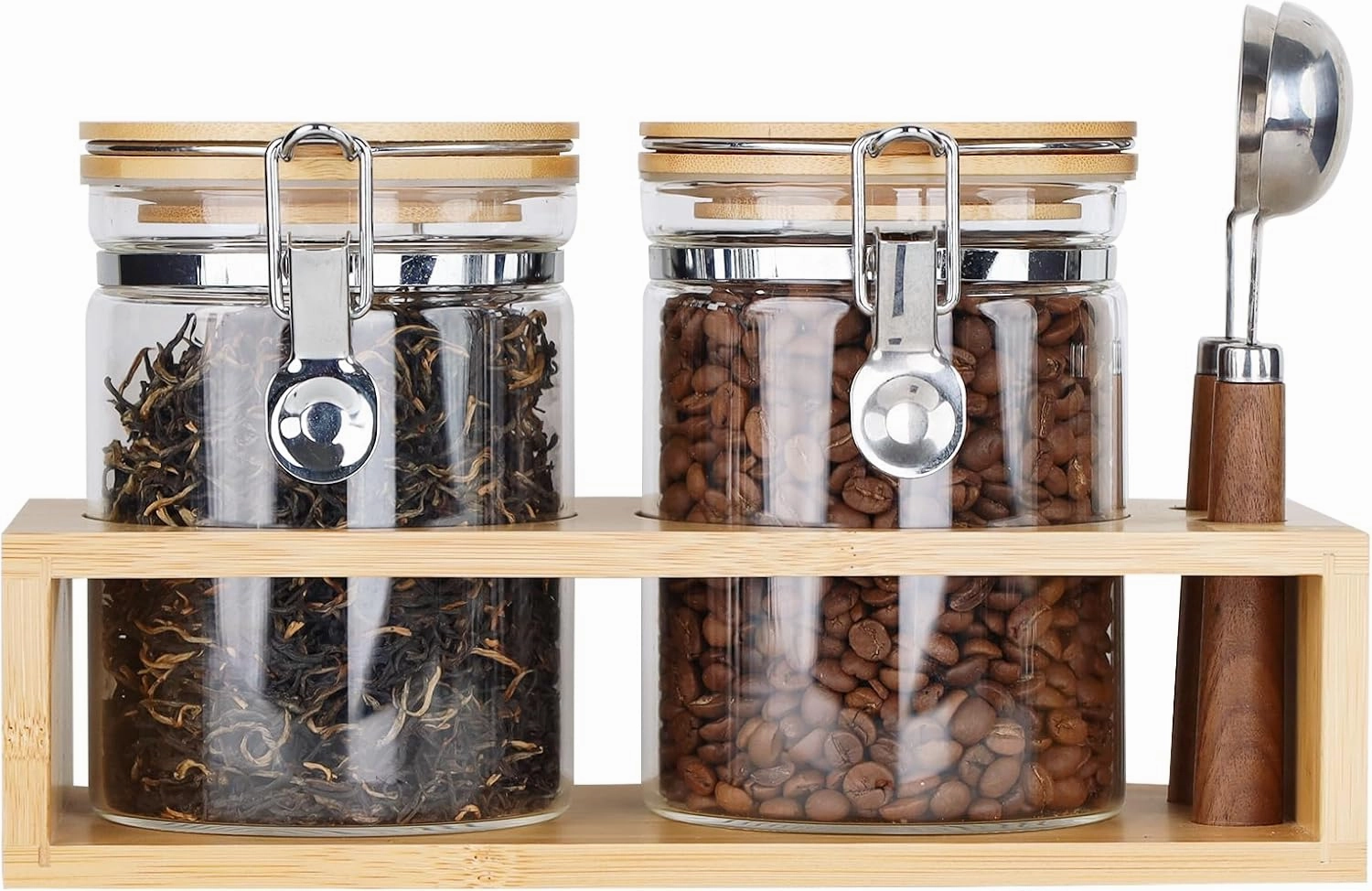 KKC HOME ACCENTS Airtight Clear Glass Coffee and Tea Storage Jars with Lids and Scoops, Air tight Sealed Coffee bean Containers with Clamp Lids for Ground Coffee,Sugar,Loose Leaf Tea,Matcha, 27 FL OZ