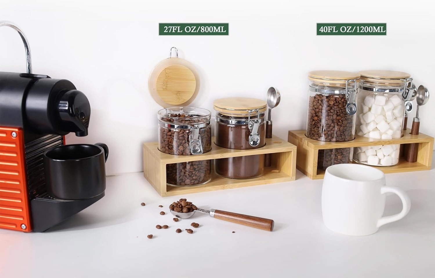 KKC HOME ACCENTS Airtight Clear Glass Coffee and Tea Storage Jars with Lids and Scoops, Air tight Sealed Coffee bean Containers with Clamp Lids for Ground Coffee,Sugar,Loose Leaf Tea,Matcha, 27 FL OZ