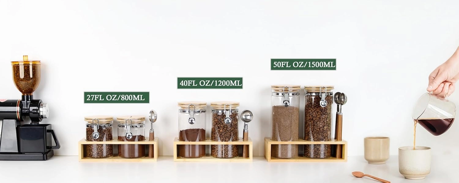 KKC HOME ACCENTS Airtight Clear Glass Coffee and Tea Storage Jars with Lids and Scoops, Air tight Sealed Coffee bean Containers with Clamp Lids for Ground Coffee,Sugar,Loose Leaf Tea,Matcha, 27 FL OZ