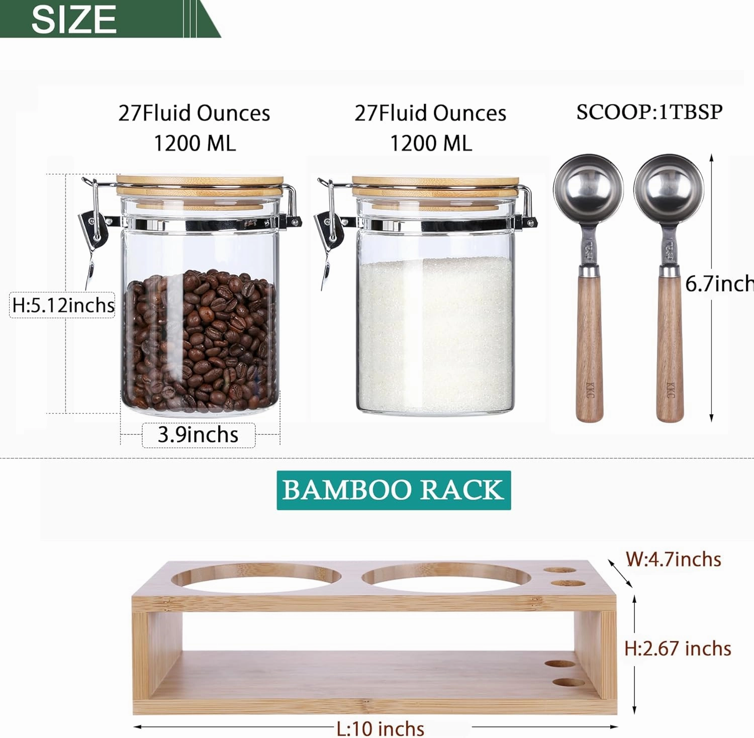 KKC HOME ACCENTS Airtight Clear Glass Coffee and Tea Storage Jars with Lids and Scoops, Air tight Sealed Coffee bean Containers with Clamp Lids for Ground Coffee,Sugar,Loose Leaf Tea,Matcha, 27 FL OZ