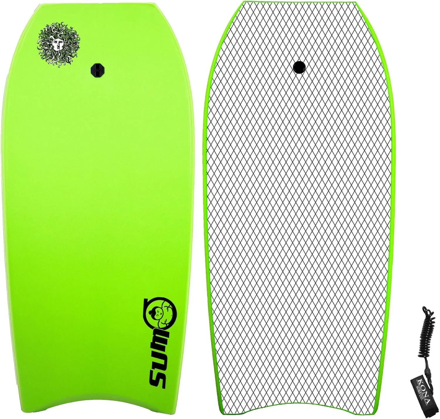 KONA SURF CO. Sumo Body Board Lightweight Soft Foam Top Boogie Bodyboard Package Includes Premium Wrist Leash in Lime/Black sz:48in