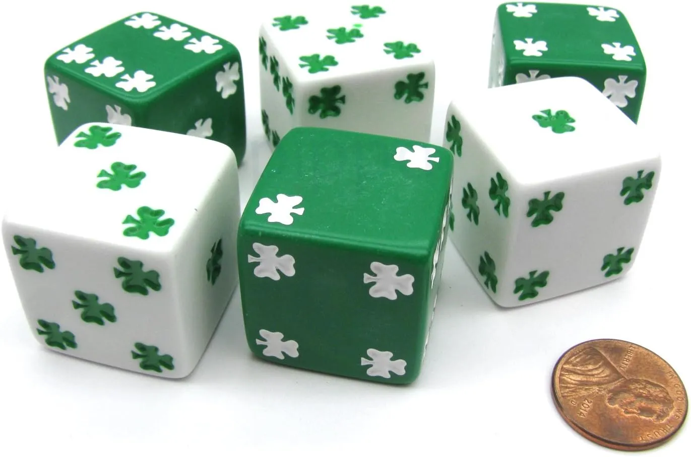 Koplow Games Pack of 6 Shamrock D6 25mm Large Jumbo Dice - 3 White and 3 Green