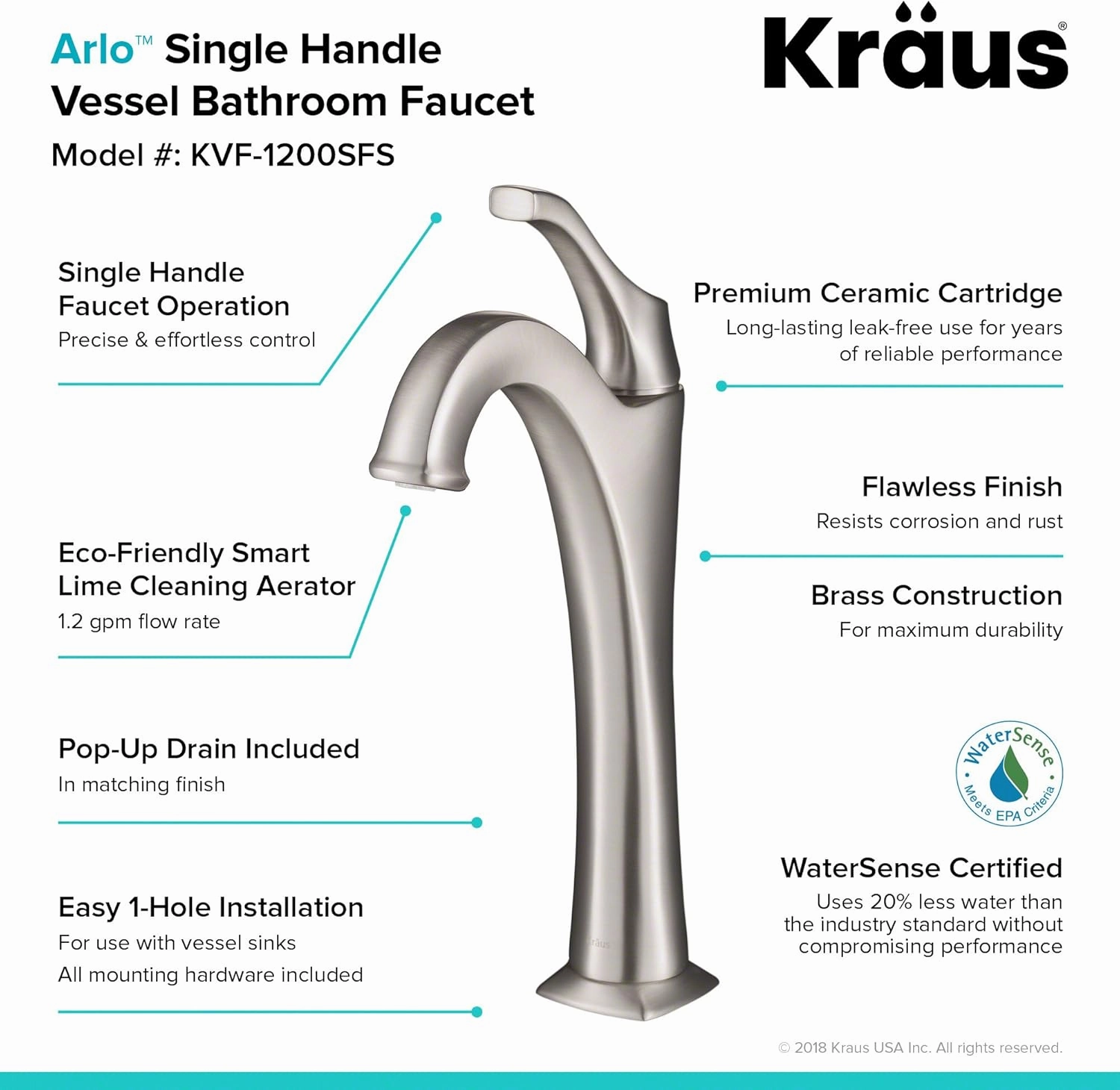 KRAUS KVF-1200SFS Arlo Single Handle Vessel Bathroom Faucet with Pop Up Drain, Spot-Free All-Brite Brushed Nickel (2 Pack)