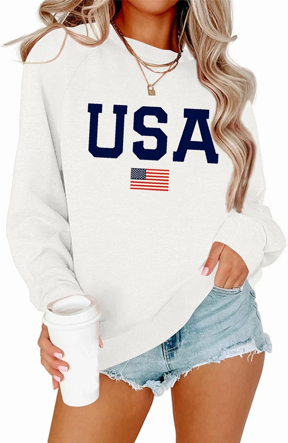Lacozy Womens USA Sweatshirt American Flag Oversized Graph Letter Pullover Crewneck Long Sleeve Loose Fit Tees Clothes