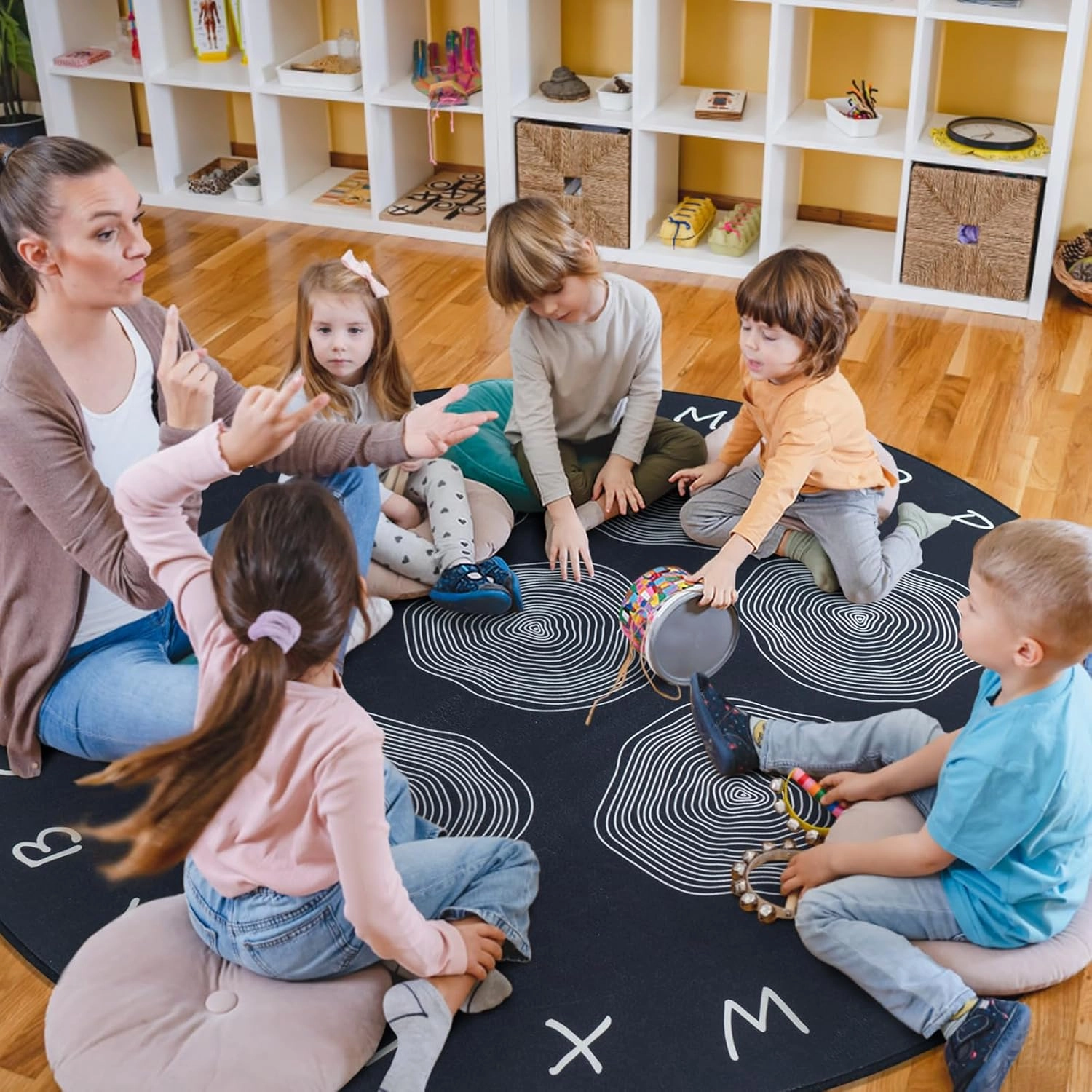Large Classroom Rugs, ABC Alphabet Educational Area Rug for Kids,6ft Non-Slip Circle Abstract Carpet for Girls and Boys Bedroom,Carpet for Elementary Classroom,Play Rug 7 Seats,Nursery Rugs Washable