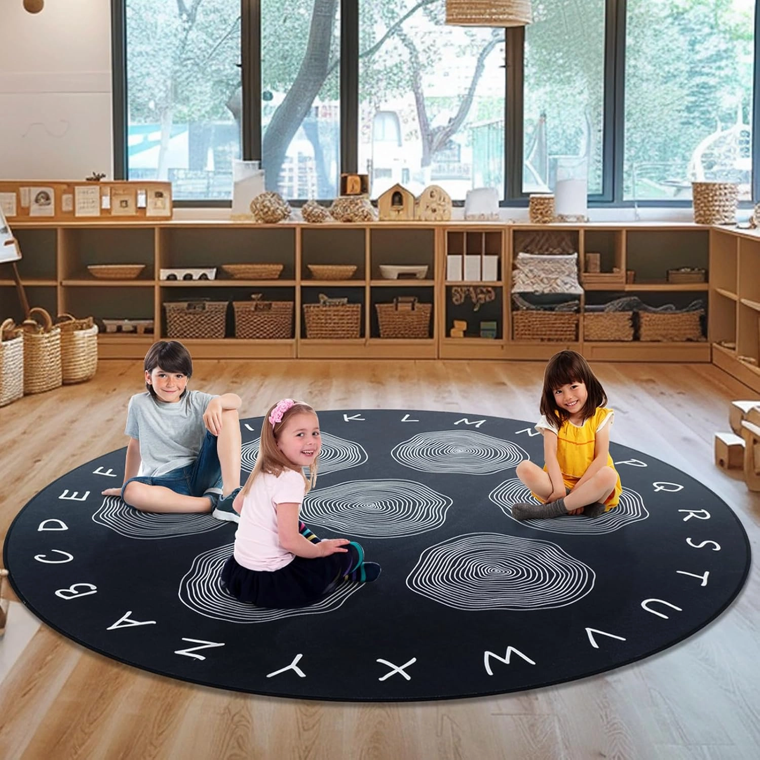 Large Classroom Rugs, ABC Alphabet Educational Area Rug for Kids,6ft Non-Slip Circle Abstract Carpet for Girls and Boys Bedroom,Carpet for Elementary Classroom,Play Rug 7 Seats,Nursery Rugs Washable