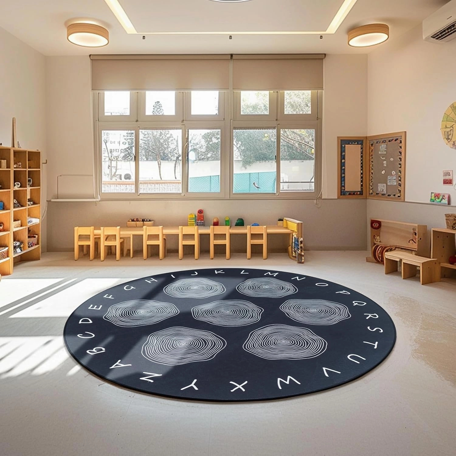 Large Classroom Rugs, ABC Alphabet Educational Area Rug for Kids,6ft Non-Slip Circle Abstract Carpet for Girls and Boys Bedroom,Carpet for Elementary Classroom,Play Rug 7 Seats,Nursery Rugs Washable