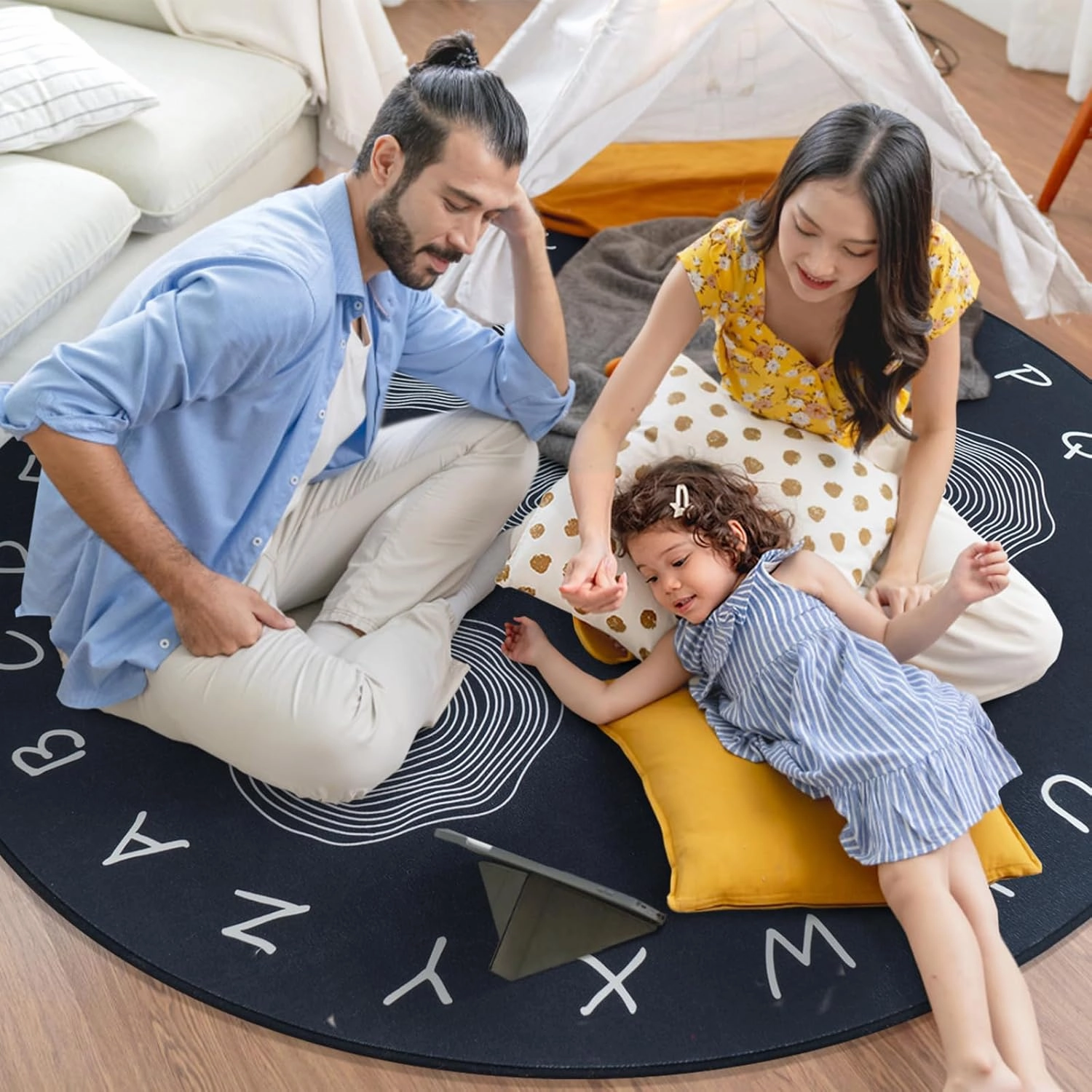 Large Classroom Rugs, ABC Alphabet Educational Area Rug for Kids,6ft Non-Slip Circle Abstract Carpet for Girls and Boys Bedroom,Carpet for Elementary Classroom,Play Rug 7 Seats,Nursery Rugs Washable