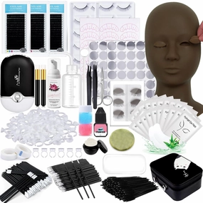 Lash Extension Kit Professional Eyelash Extensions Practice Set with Mannequin Head Removable Eyelids USB Lash Fan Individual False Eyelash Shampoo Brush Glue Practical Tools for Beginners
