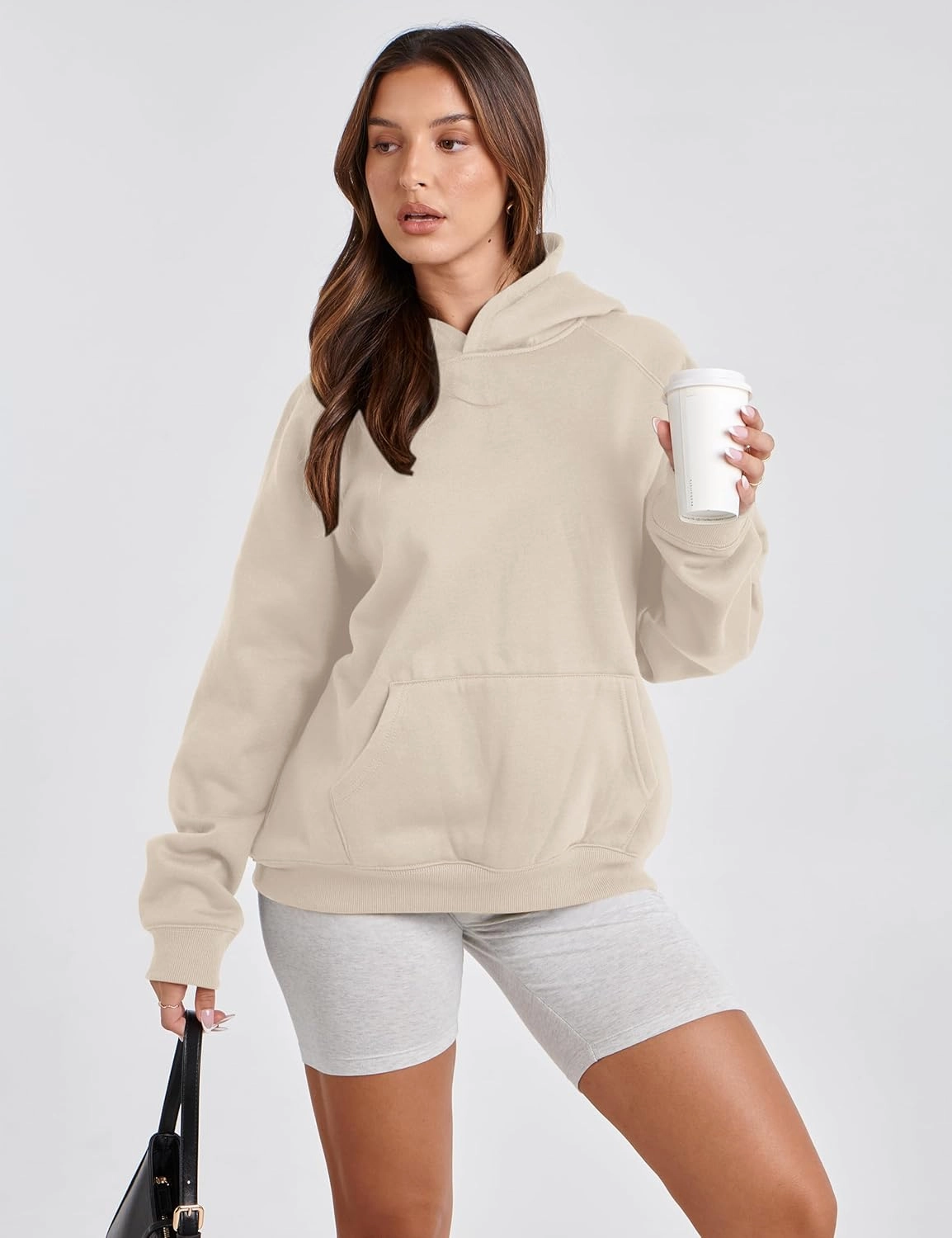 Lauweion Women Solid Basic Fleece Letter Loose Hoodie Sweatshirt Long Sleeve Kangaroo Pocket Drop Shoulder Pullovers Top