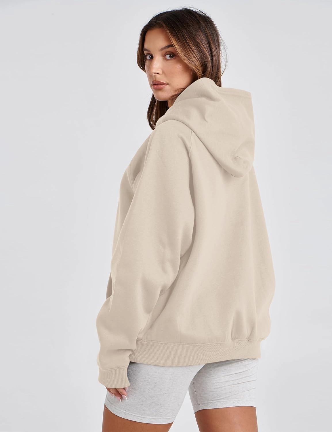 Lauweion Women Solid Basic Fleece Letter Loose Hoodie Sweatshirt Long Sleeve Kangaroo Pocket Drop Shoulder Pullovers Top
