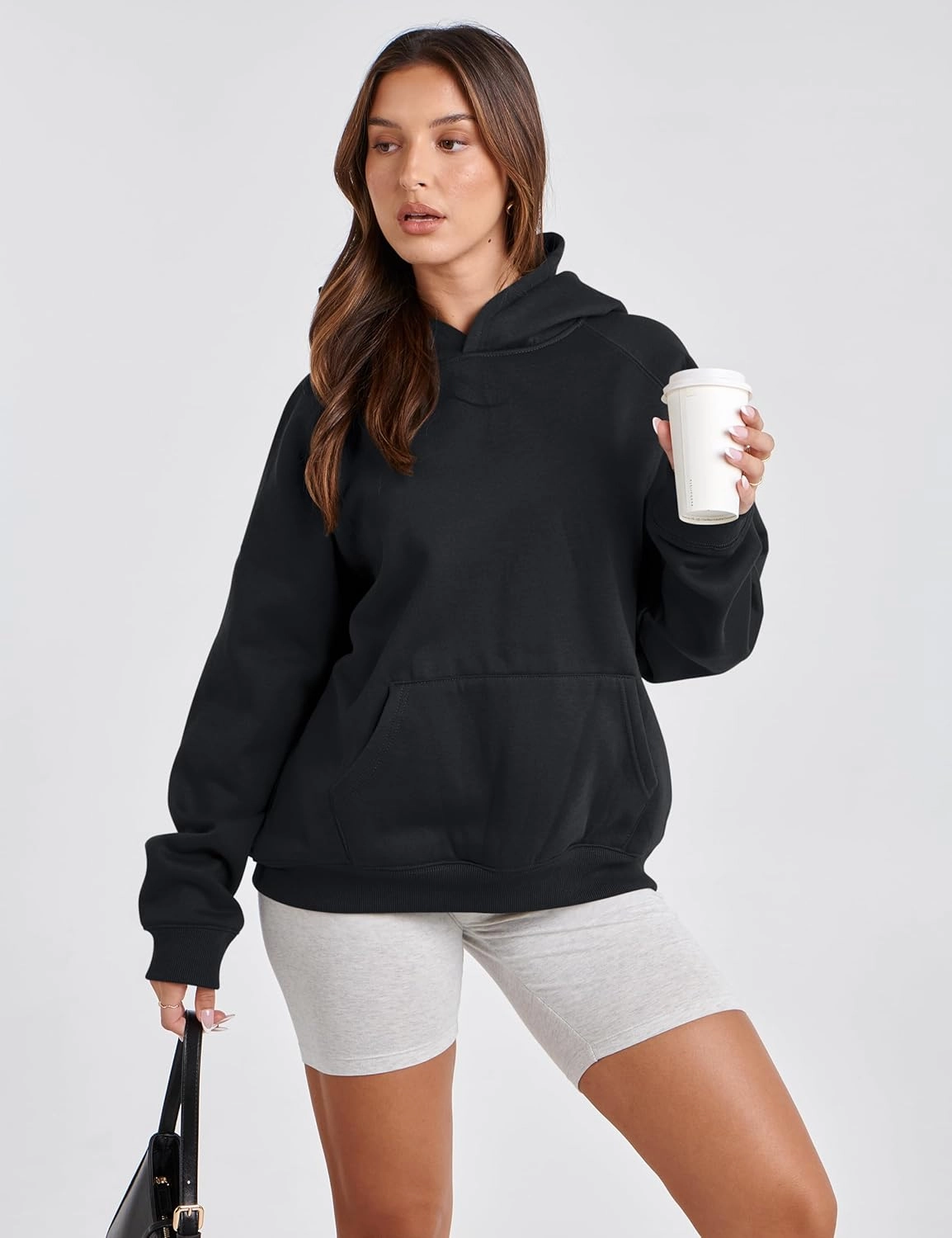 Lauweion Women Solid Basic Fleece Letter Loose Hoodie Sweatshirt Long Sleeve Kangaroo Pocket Drop Shoulder Pullovers Top