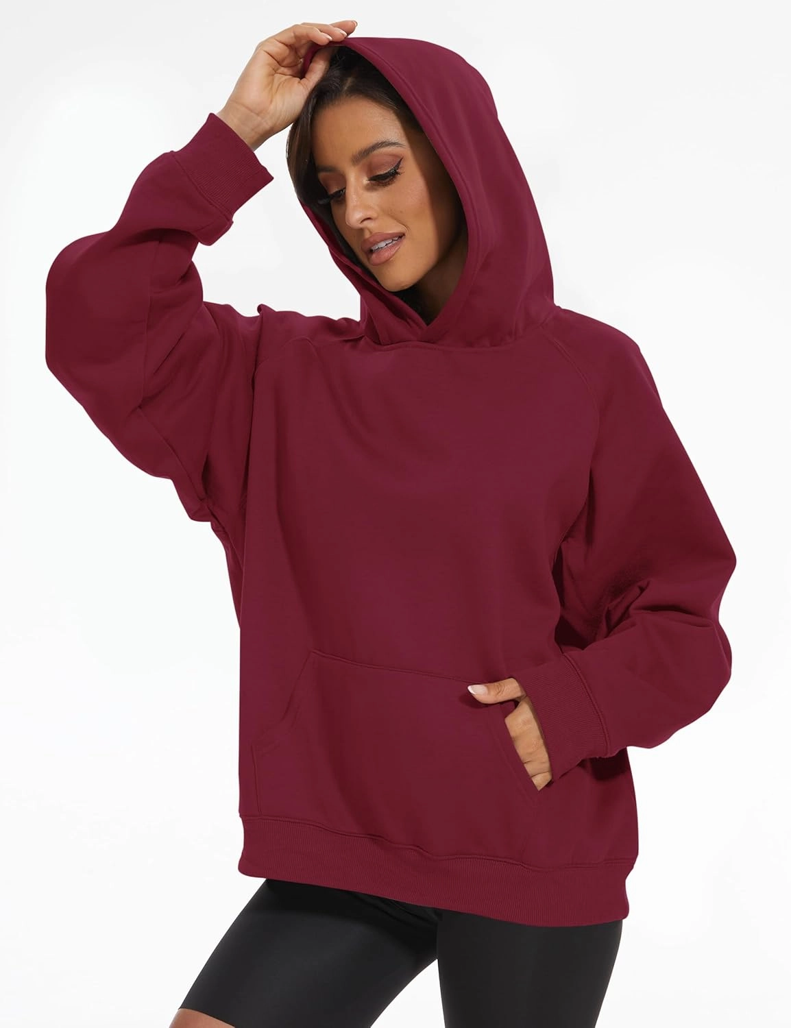 Lauweion Women Solid Basic Fleece Letter Loose Hoodie Sweatshirt Long Sleeve Kangaroo Pocket Drop Shoulder Pullovers Top