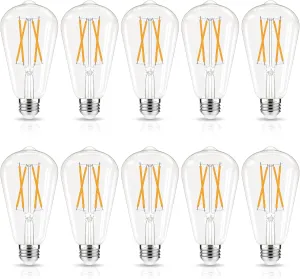 LED Edison Bulbs Dimmable, E26 Bulb 60 watt, Soft White 2700K, ST58 Vintage Light Bulbs, 90  CRI, 6W 600LM, E26 Medium Base, Clear Glass, 10 Pack