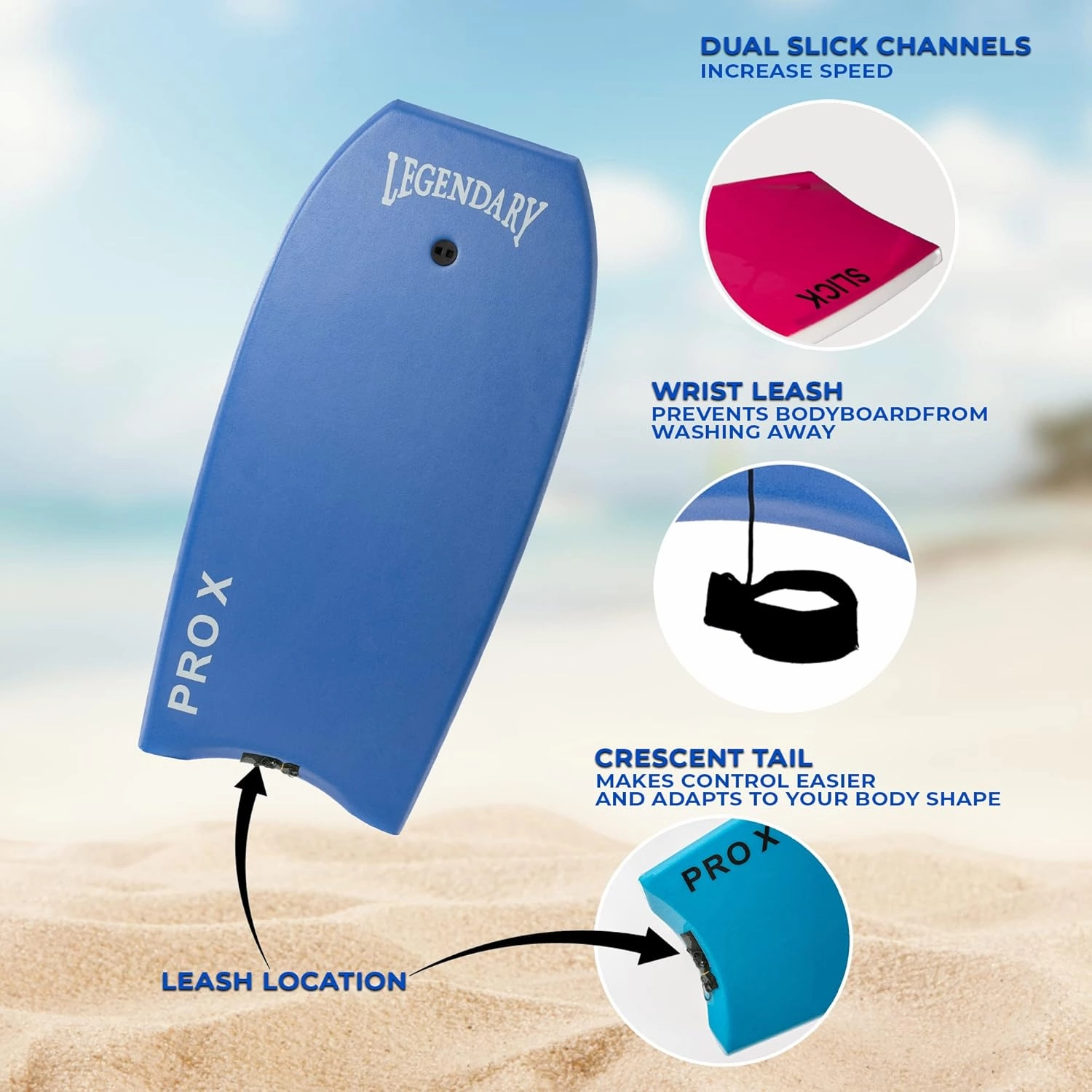 Legendary Pro X Bodyboard for Beach with Hard Slick Bottom, Boogie Boards for Kids & Adults, Heat Sealed with EPS Core, Leash