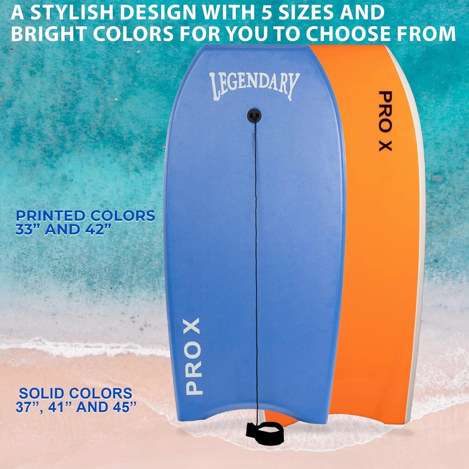 Legendary Pro X Bodyboard for Beach with Hard Slick Bottom, Boogie Boards for Kids & Adults, Heat Sealed with EPS Core, Leash