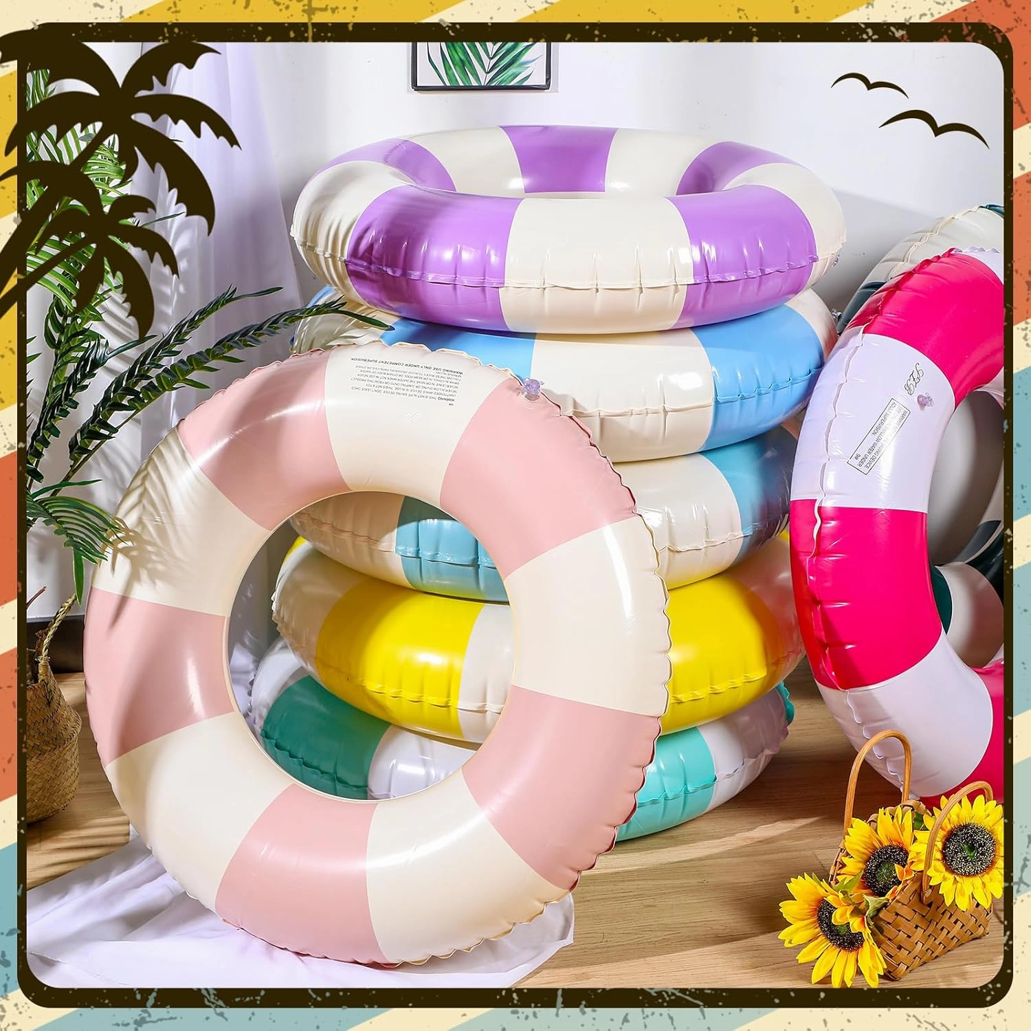 Lenwen 9 Pcs Classic Striped Pool Inner Tubes Pool Tubes with Fun Prints Pool Float Tube Inflatable Tube Float Bachelorette Pool Floaties for Swimming Pool Summer Beach Party Decor Supplies