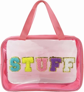 Letter Patch Clear Makeup Bag, Pink Travel Toiletry Bag Preppy Cosmetic Bag with Handle, Waterproof Beach Storage Bag Large Snacks Bag Organizer for Women Girls (Stuff Letter)