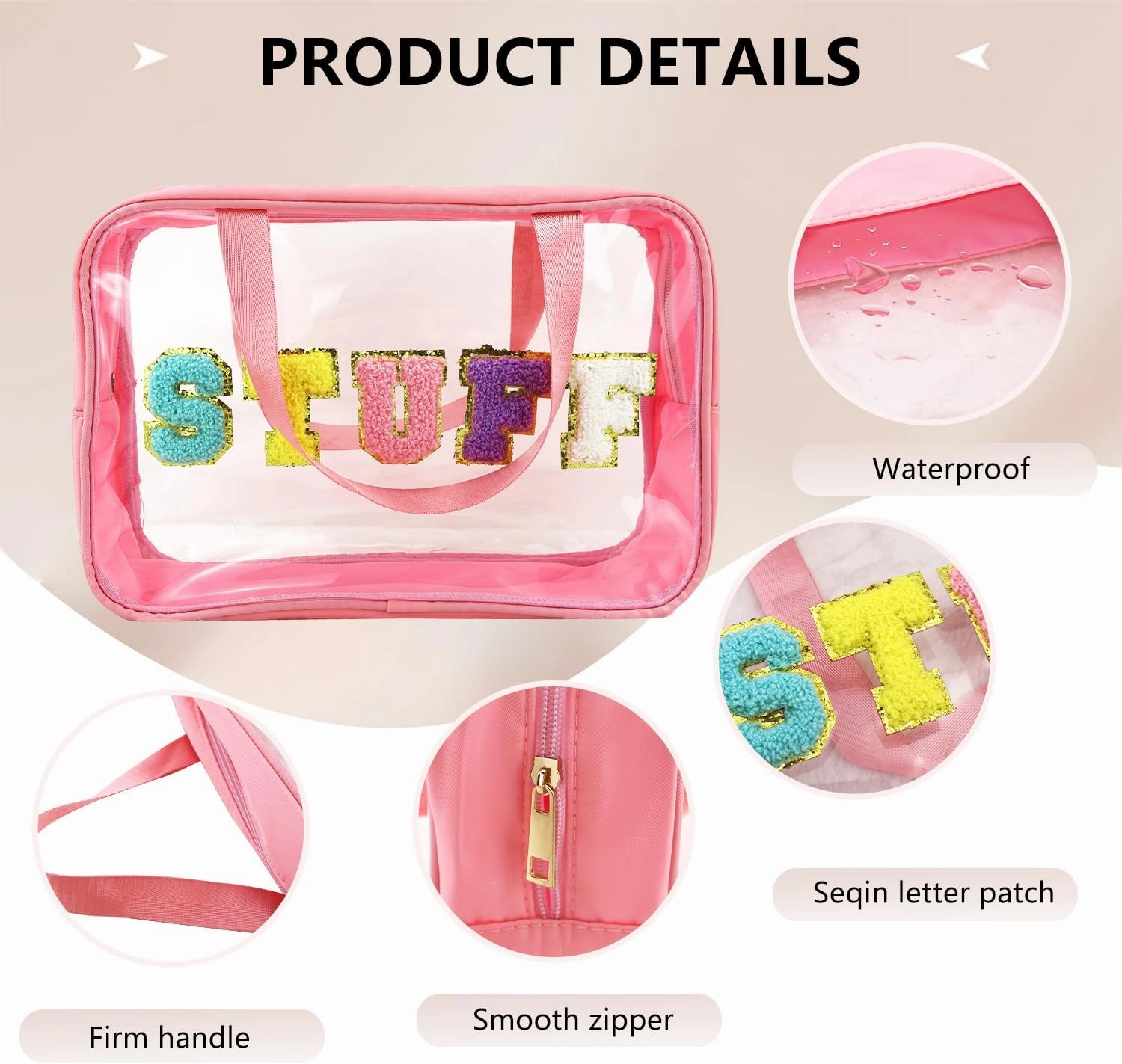Letter Patch Clear Makeup Bag, Pink Travel Toiletry Bag Preppy Cosmetic Bag with Handle, Waterproof Beach Storage Bag Large Snacks Bag Organizer for Women Girls (Stuff Letter)