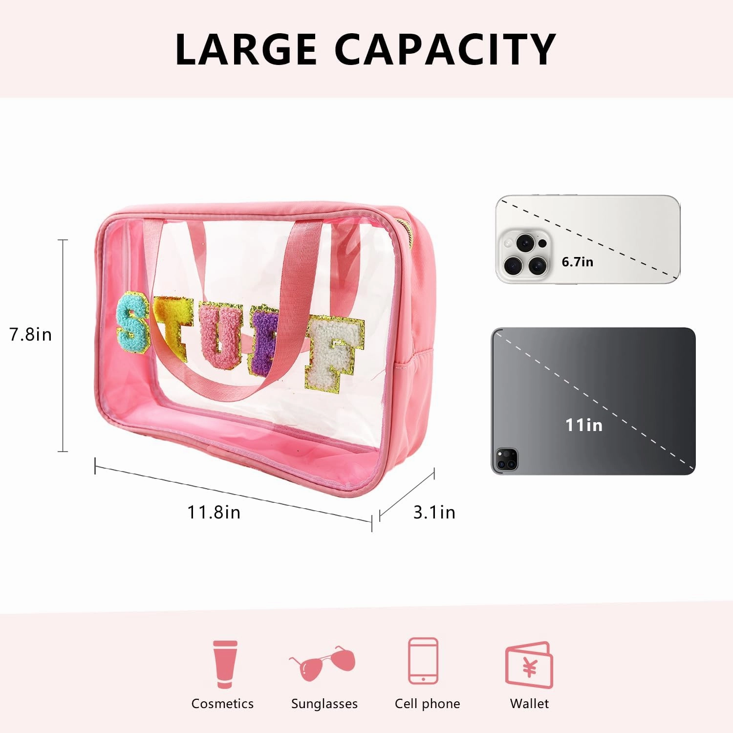 Letter Patch Clear Makeup Bag, Pink Travel Toiletry Bag Preppy Cosmetic Bag with Handle, Waterproof Beach Storage Bag Large Snacks Bag Organizer for Women Girls (Stuff Letter)