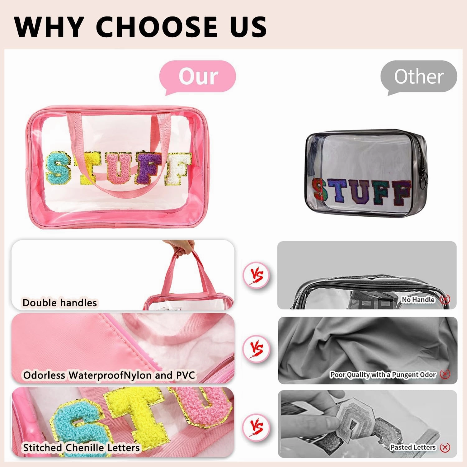 Letter Patch Clear Makeup Bag, Pink Travel Toiletry Bag Preppy Cosmetic Bag with Handle, Waterproof Beach Storage Bag Large Snacks Bag Organizer for Women Girls (Stuff Letter)