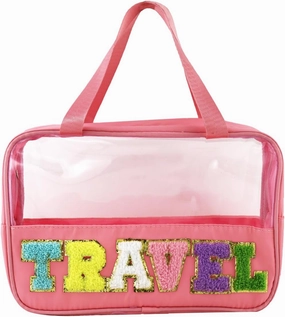 Letter Patch Clear Makeup Bag, Pink Travel Toiletry Bag Preppy Cosmetic Bag with Handle, Waterproof Beach Storage Bag Large Snacks Bag Organizer for Women Girls (Travel Letter)