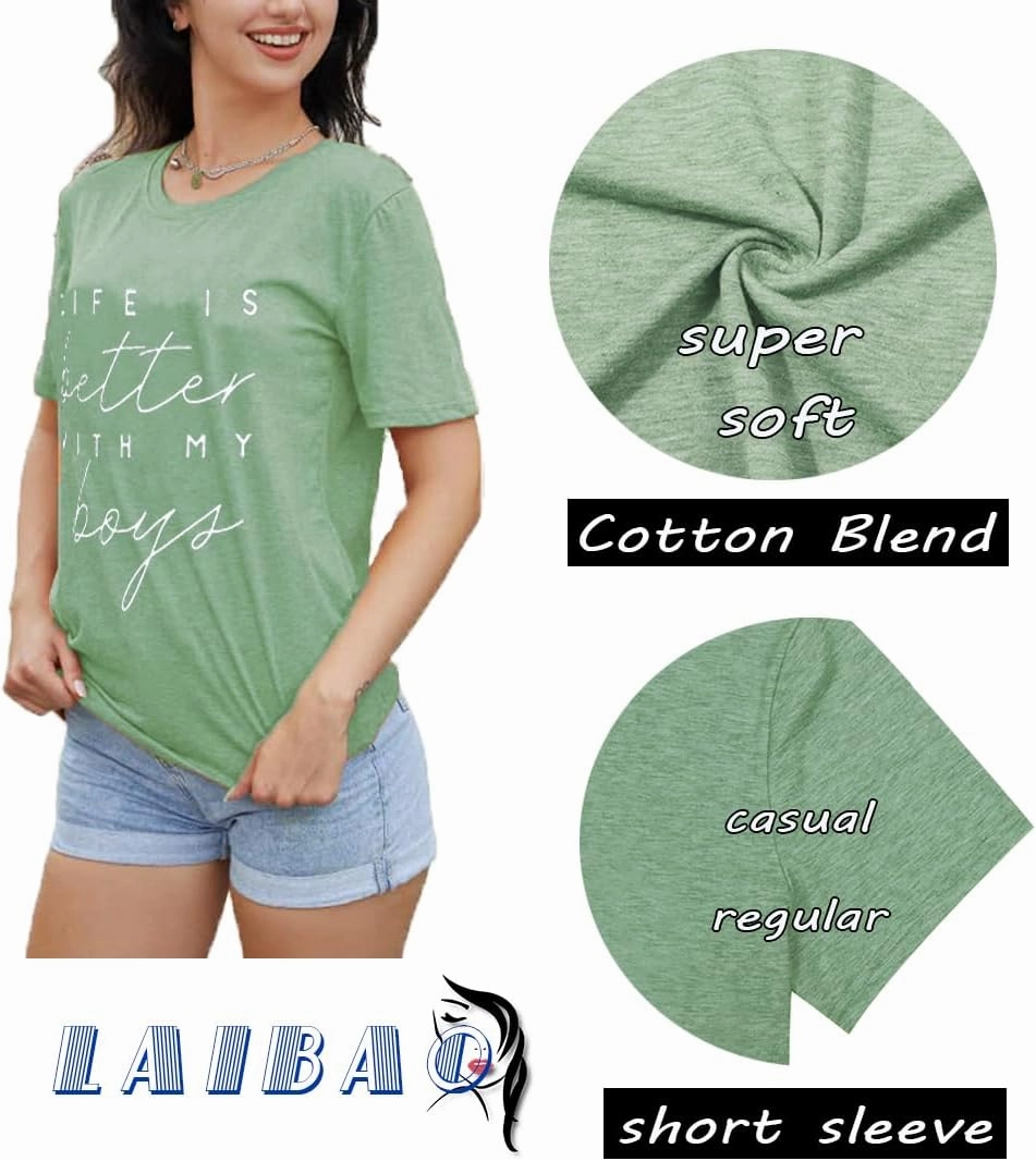 Life is Better with My Boys Women Funny Mom Gift Shirts Graphic Summer Short Athletic Casual Workout Tops