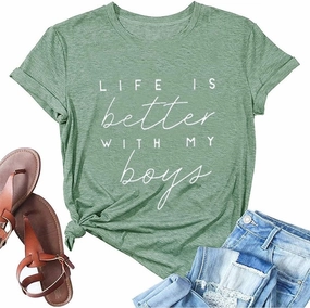Life is Better with My Boys Women Funny Mom Gift Shirts Graphic Summer Short Athletic Casual Workout Tops
