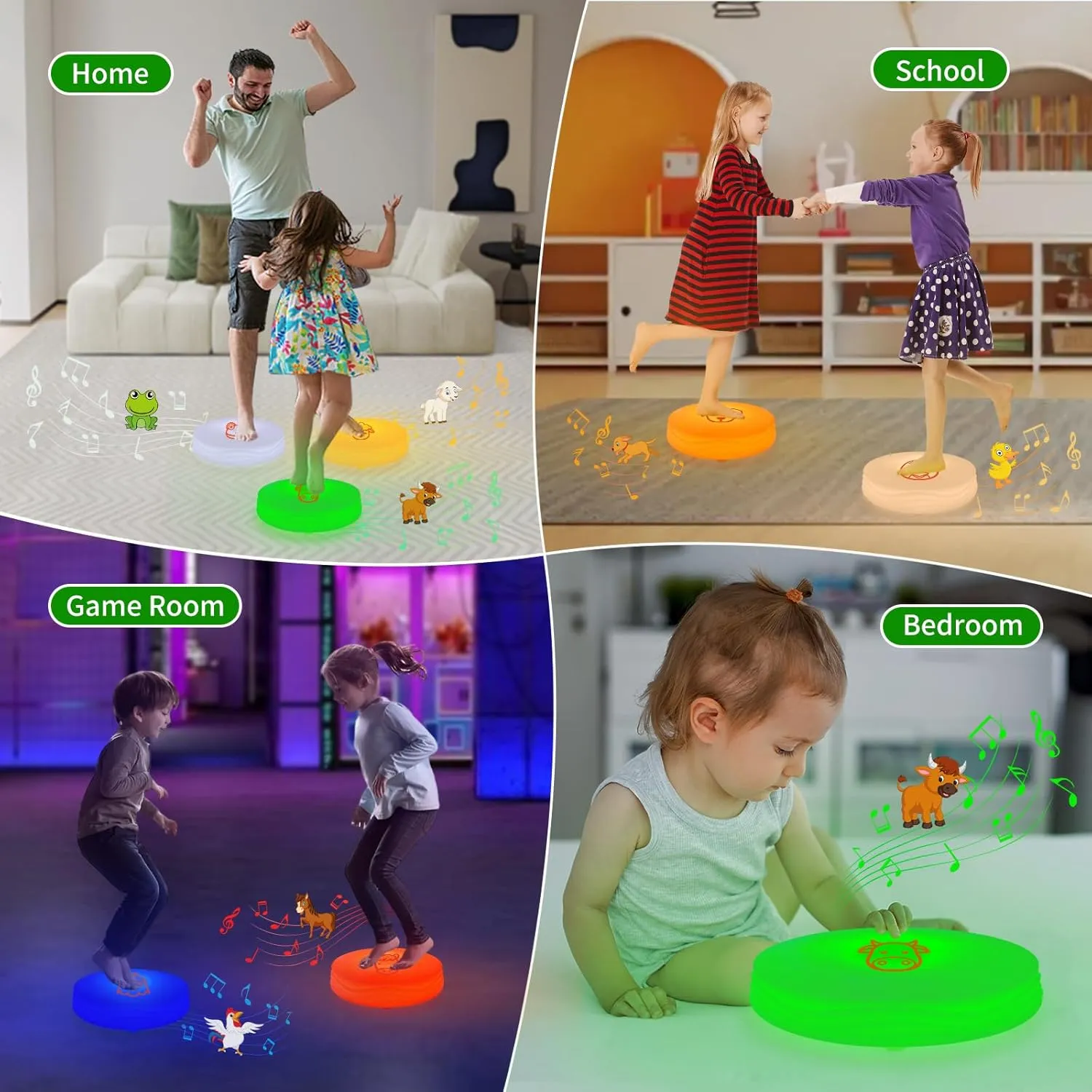 Light Up Music Toys, Touch Sensitive Toddler Toy, LED Floor Tiles Indoor Games, Interactive Animal Sounds Toys for Home, School, Playground - Green (Cow)