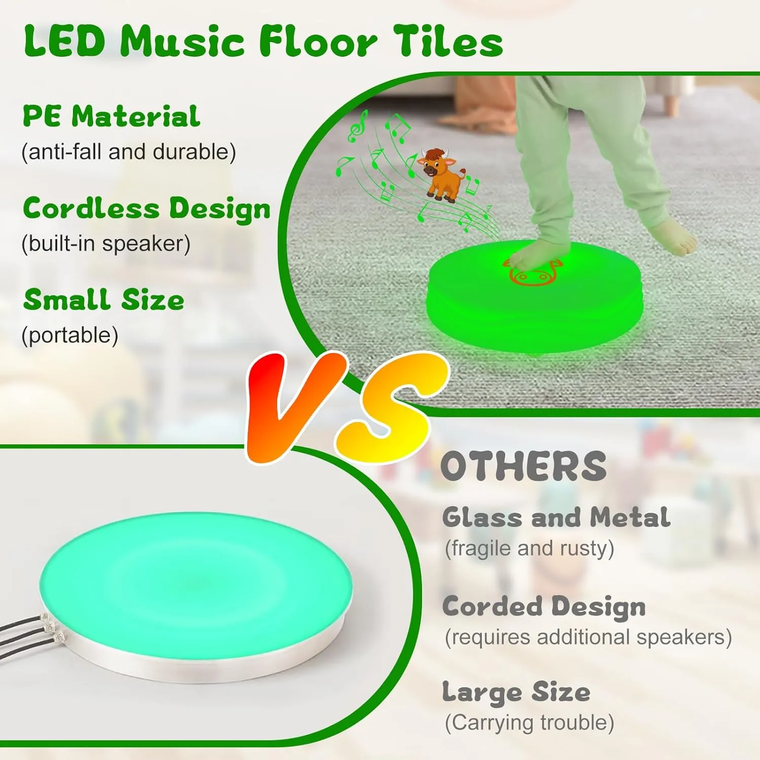 Light Up Music Toys, Touch Sensitive Toddler Toy, LED Floor Tiles Indoor Games, Interactive Animal Sounds Toys for Home, School, Playground - Green (Cow)