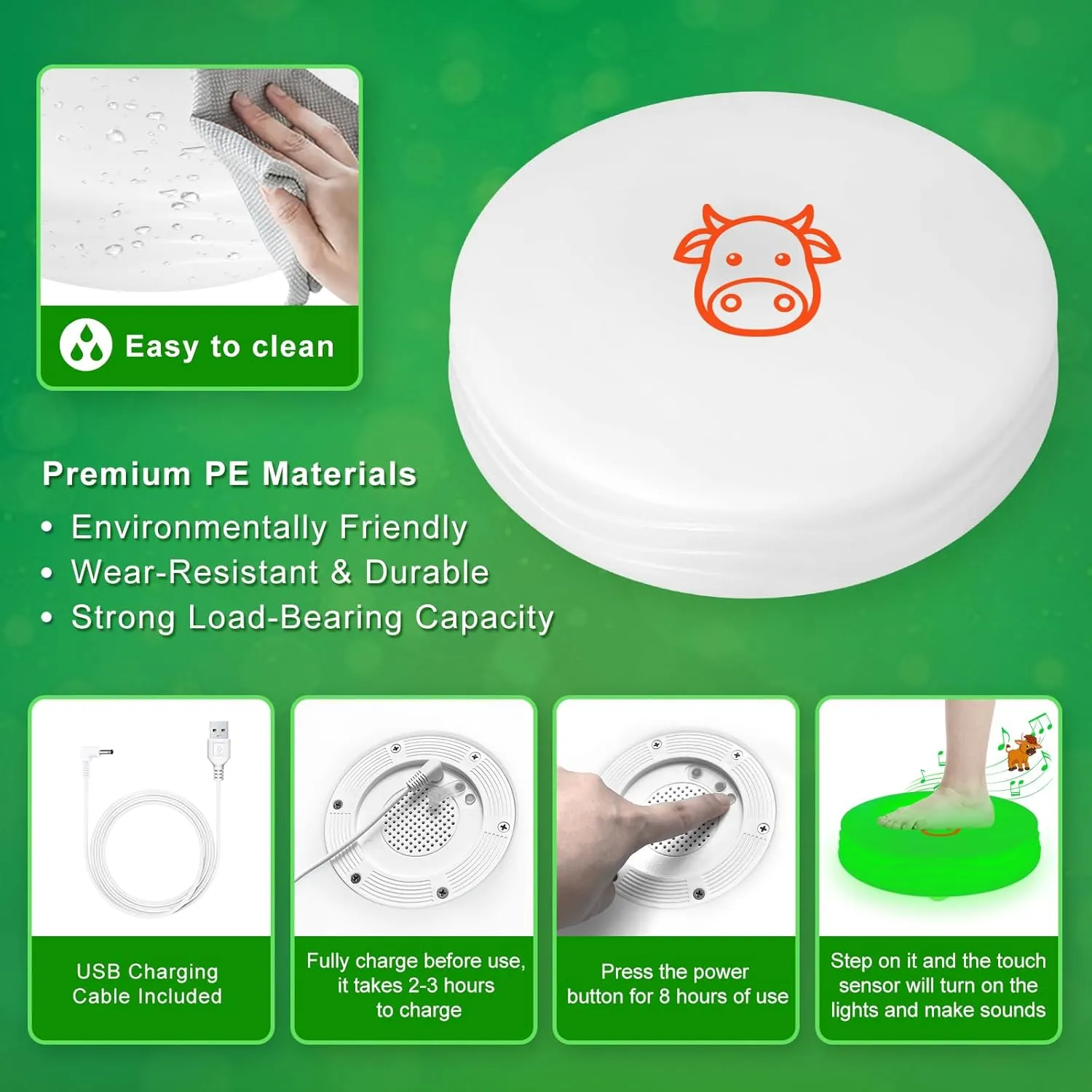 Light Up Music Toys, Touch Sensitive Toddler Toy, LED Floor Tiles Indoor Games, Interactive Animal Sounds Toys for Home, School, Playground - Green (Cow)