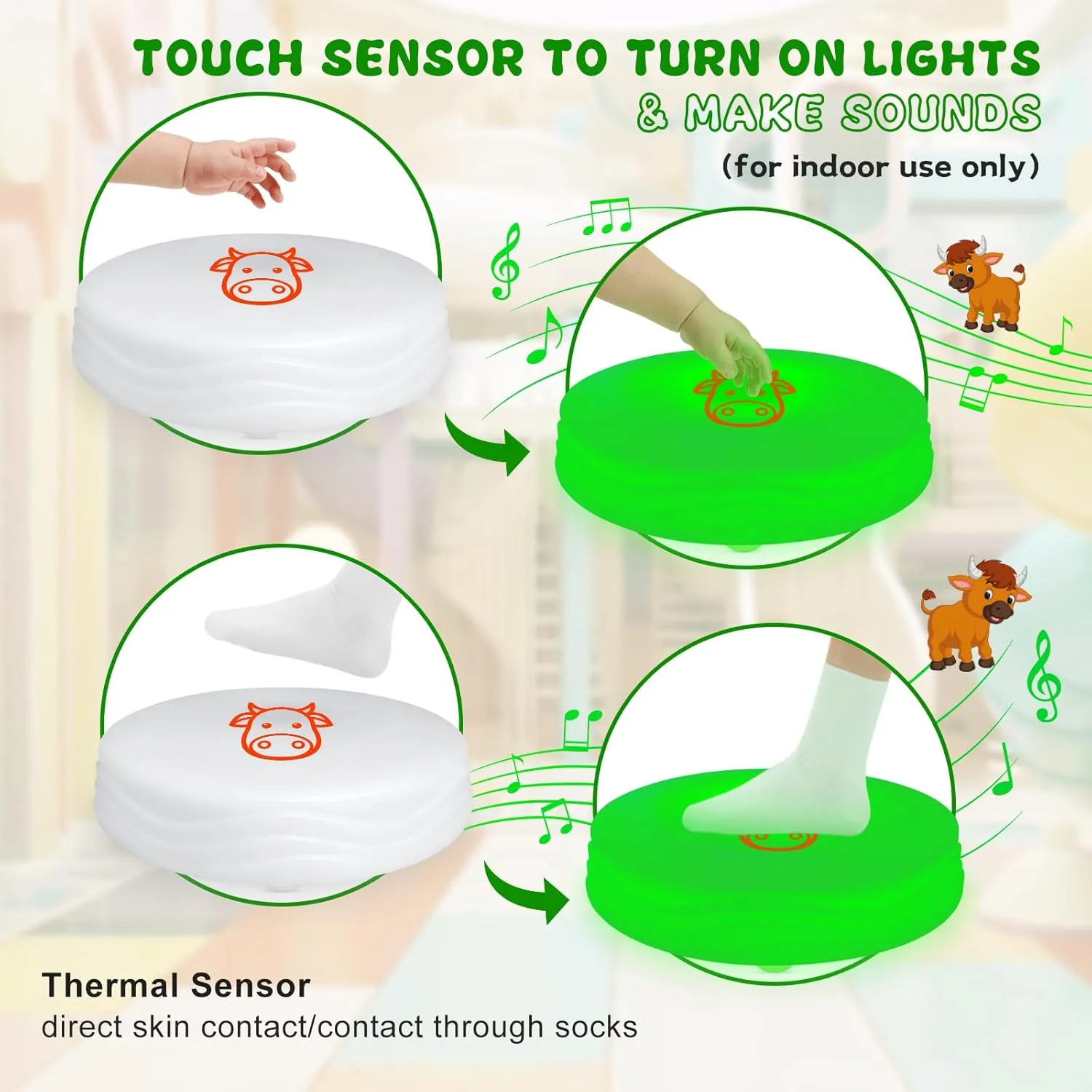 Light Up Music Toys, Touch Sensitive Toddler Toy, LED Floor Tiles Indoor Games, Interactive Animal Sounds Toys for Home, School, Playground - Green (Cow)