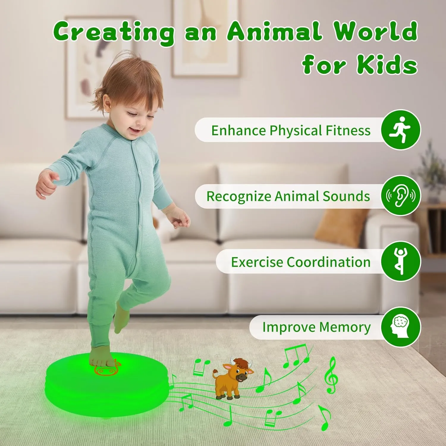 Light Up Music Toys, Touch Sensitive Toddler Toy, LED Floor Tiles Indoor Games, Interactive Animal Sounds Toys for Home, School, Playground - Green (Cow)