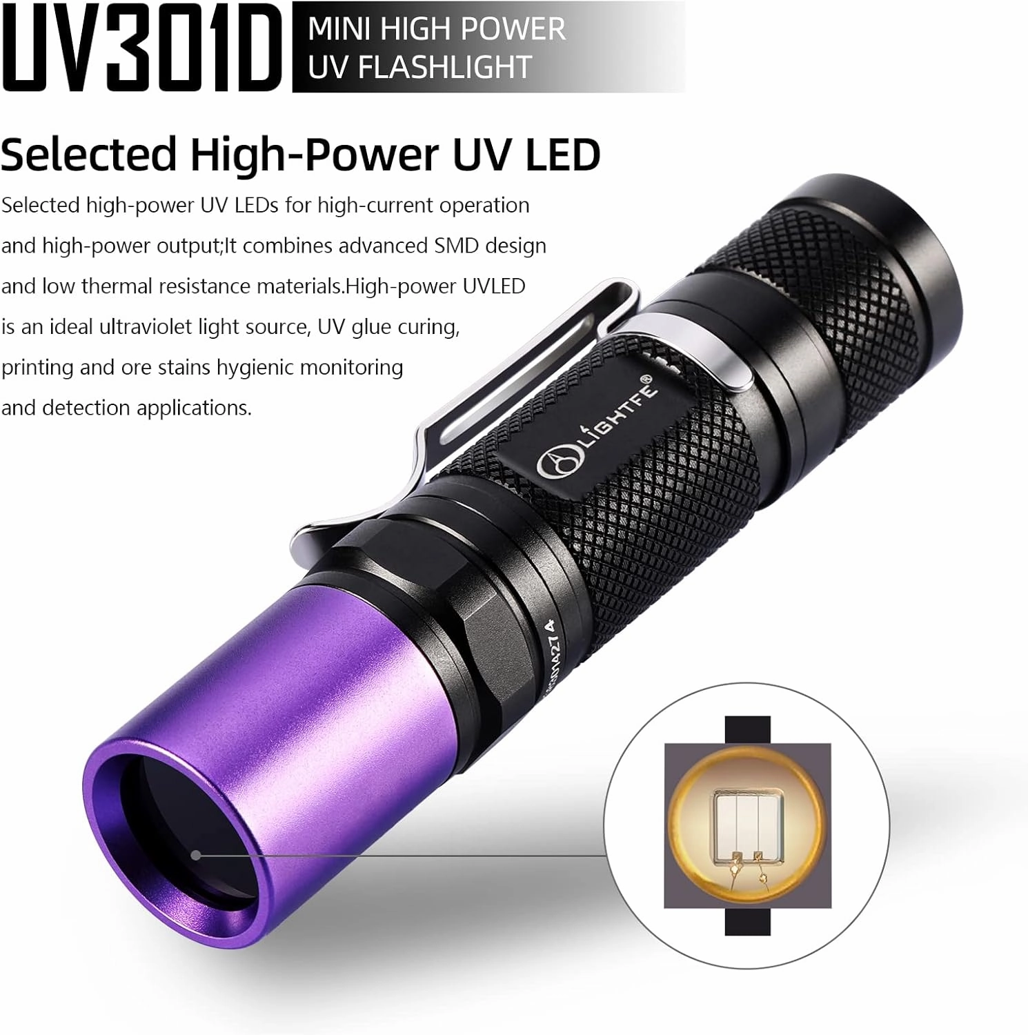 LIGHTFE UV301D High Power Mini UV Flashlight 365nm Black Light, Max 3000mW High Power, Suitable for Resin Glue Curing Lamp, Rock and Mineral Fluorescent Agent, Stain, Urine Detection