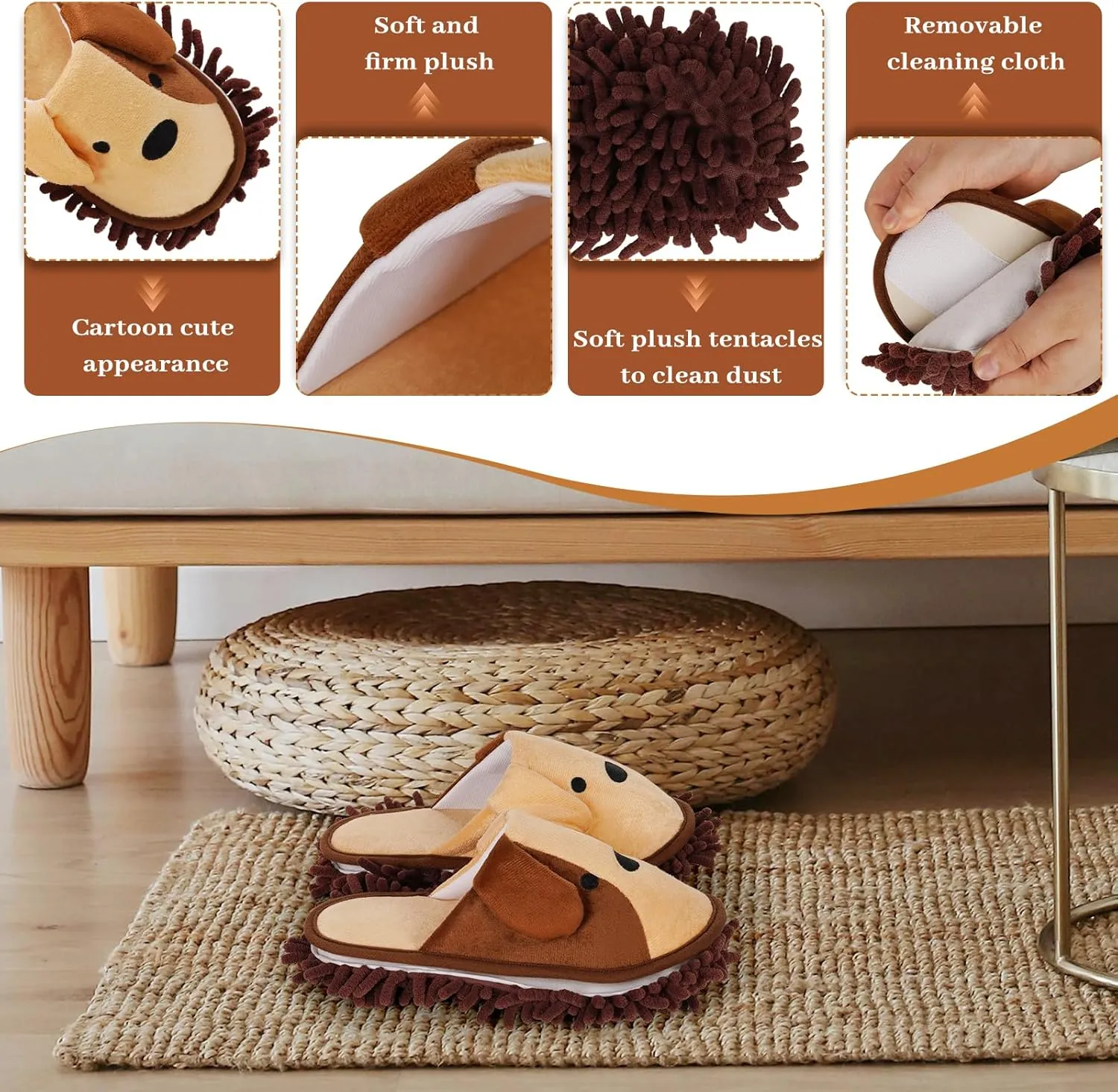 Liitrton Washable Chenille Microfiber Slippers Floor Dust Dirt Hair Detachable Microfiber Mop Slippers for Office Home Room (Brown, Women 7-9/Men 5-7)