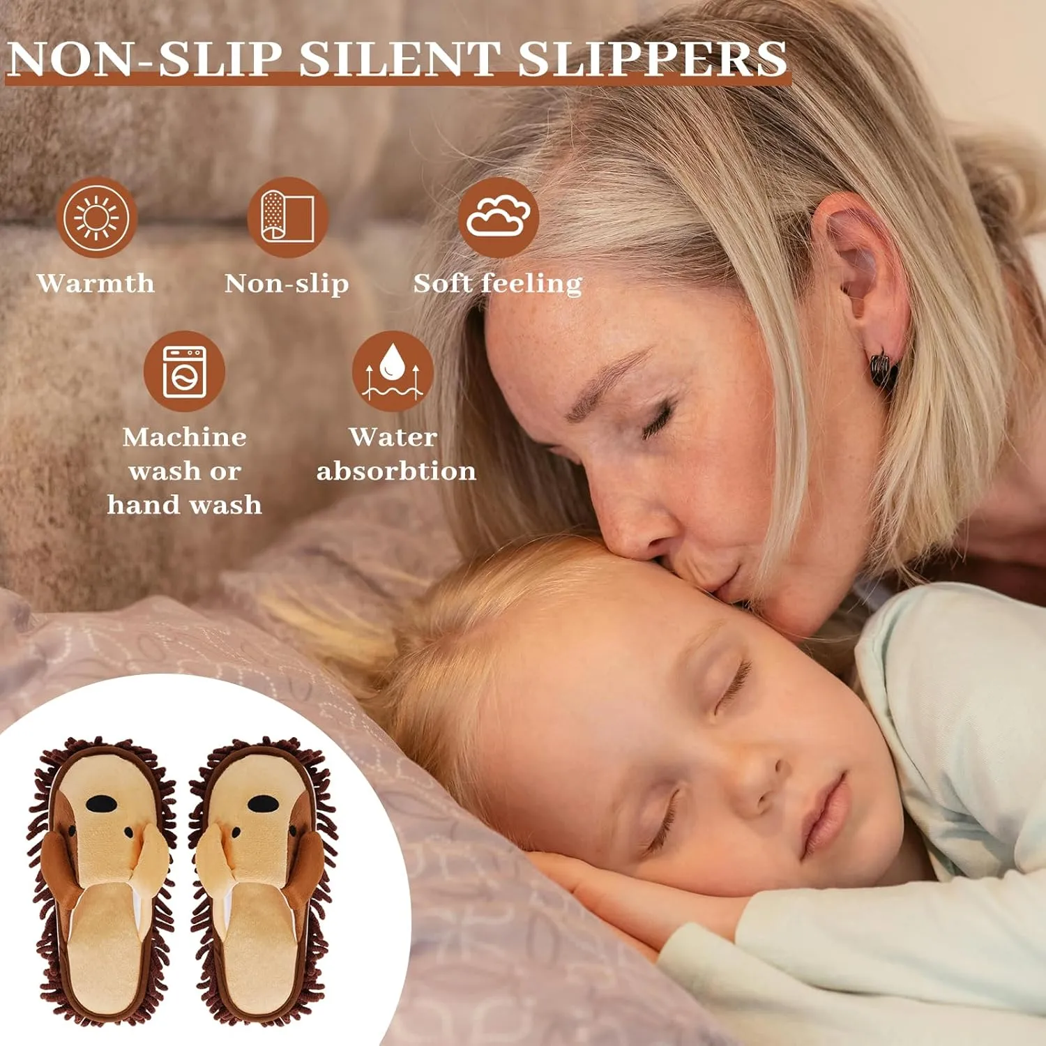 Liitrton Washable Chenille Microfiber Slippers Floor Dust Dirt Hair Detachable Microfiber Mop Slippers for Office Home Room (Brown, Women 7-9/Men 5-7)