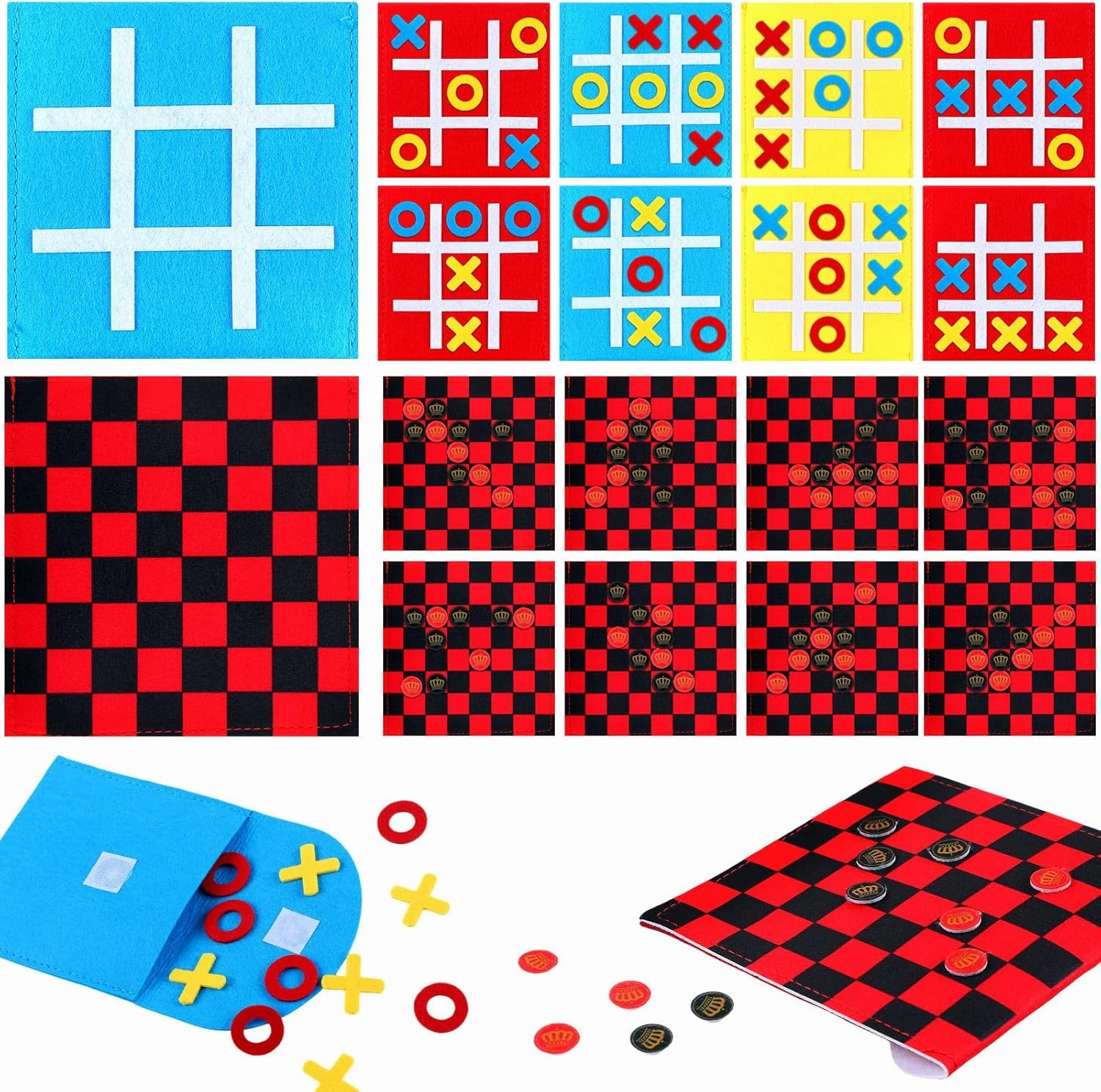 Liliful 30 Pack Tic Tac Toe Board Game 2 in 1 Checkers Game Sets Classic Educational Toy Tic Tac Toe Portable Felt with Storage Bag for Party Gifts Goodie Bag Stuffers Family Board, 2 Styles