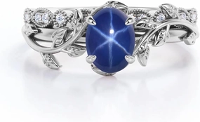 Linde Star Sapphire Engagement Rings Set for Women 1ct Oval Cut Blue Star Sapphire Rings 10K 14K 18K Blue Star Sapphire Wedding Ring Sets for Her Leaf Promise Ring