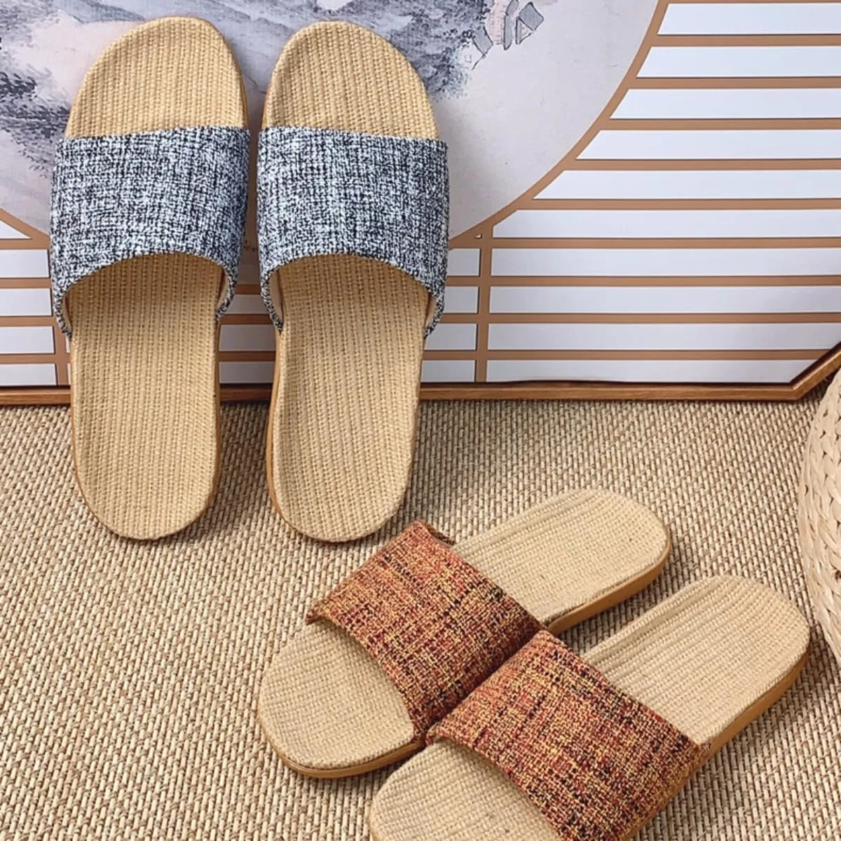 Linen Slippers for Women Men Summer Home Slippers Indoor Soft Sole Anti-Slip and Wear-Resistant Couple Slippers Open Toe Breathable House Shoes