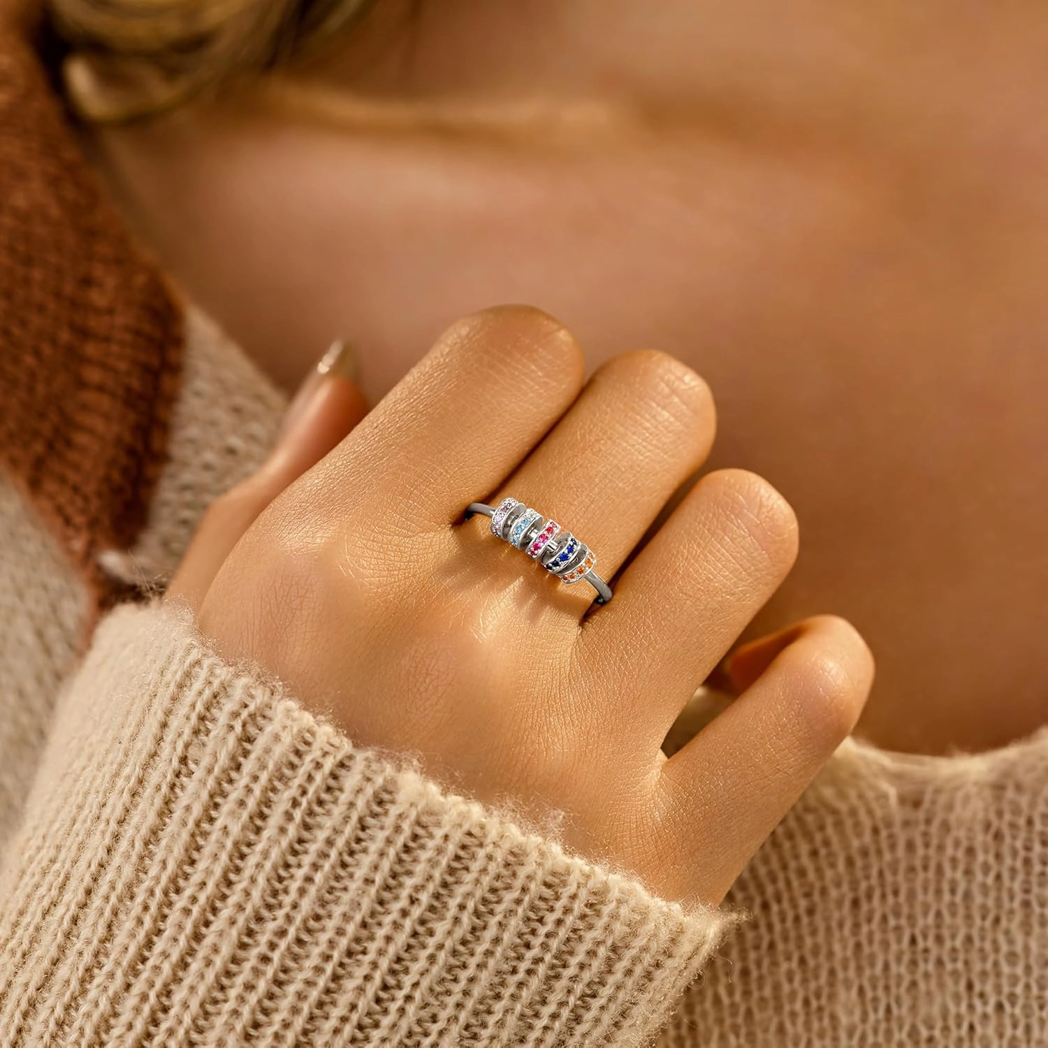 LOVECOM S925 Sterling Silver Fidget Anti Anxiety Rings With Cubic Zirconia Beads Spinner Ring for Women 14k Gold Plated Stress Relief Spinning Ring Jewelry Christmas Gifts for Mom to Daughter