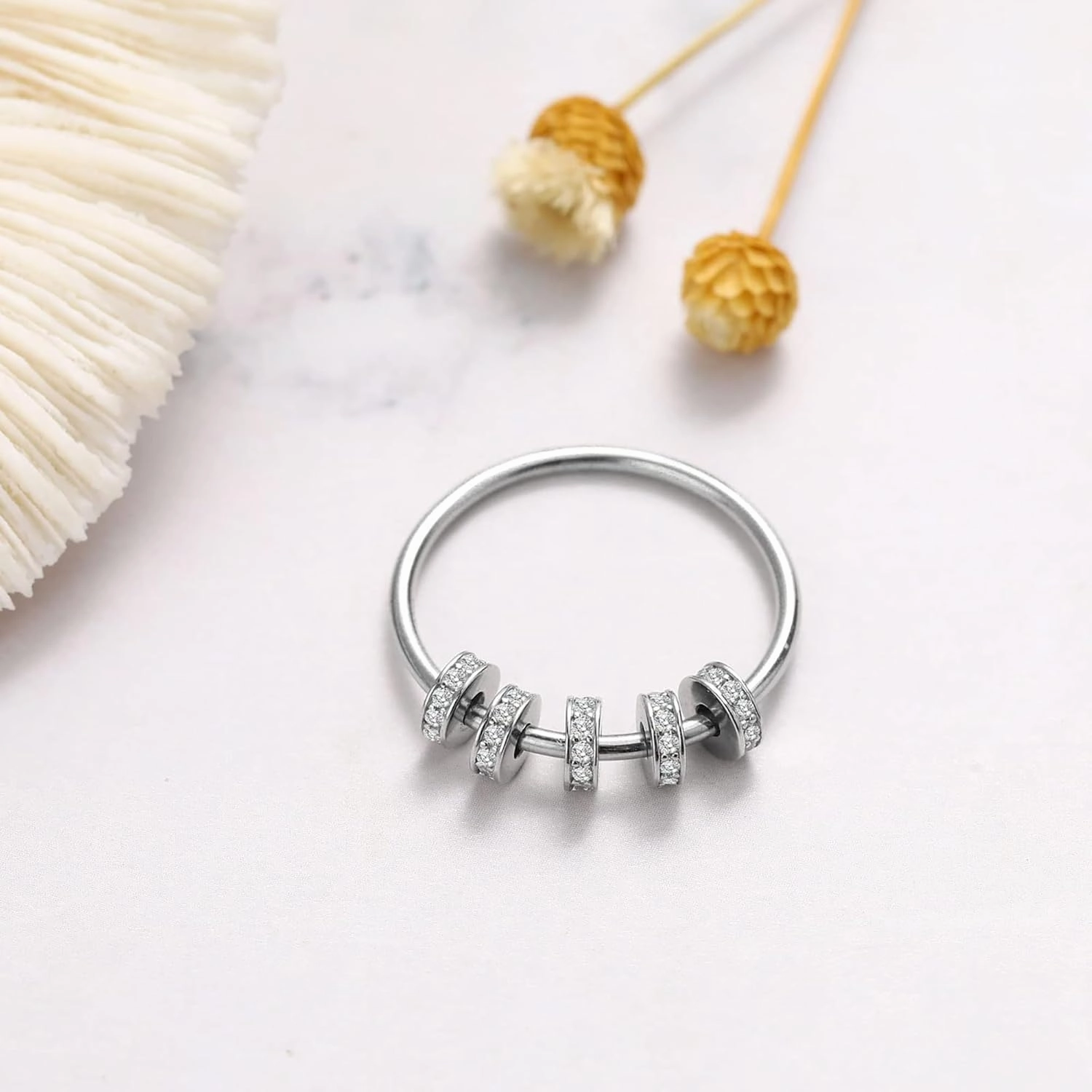 LOVECOM S925 Sterling Silver Fidget Anti Anxiety Rings With Cubic Zirconia Beads Spinner Ring for Women 14k Gold Plated Stress Relief Spinning Ring Jewelry Christmas Gifts for Mom to Daughter
