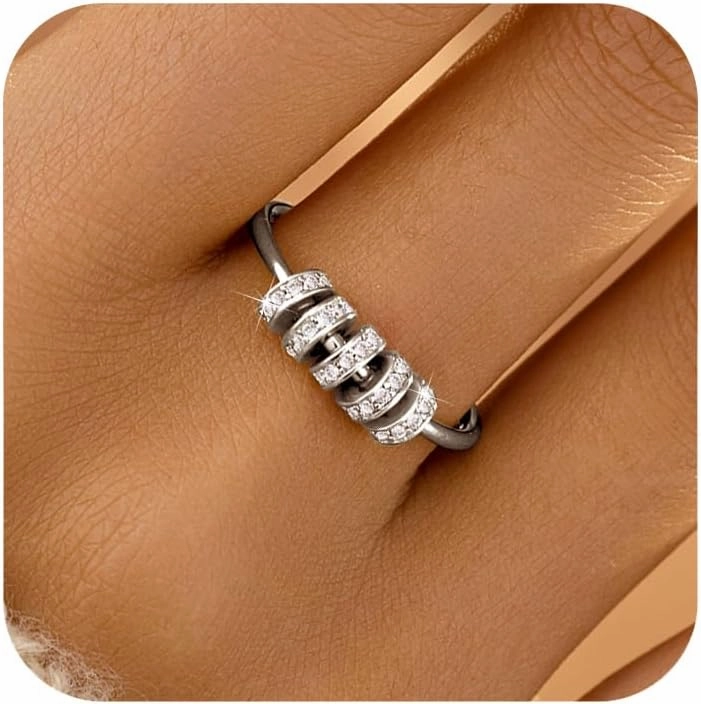 LOVECOM S925 Sterling Silver Fidget Anti Anxiety Rings With Cubic Zirconia Beads Spinner Ring for Women 14k Gold Plated Stress Relief Spinning Ring Jewelry Christmas Gifts for Mom to Daughter