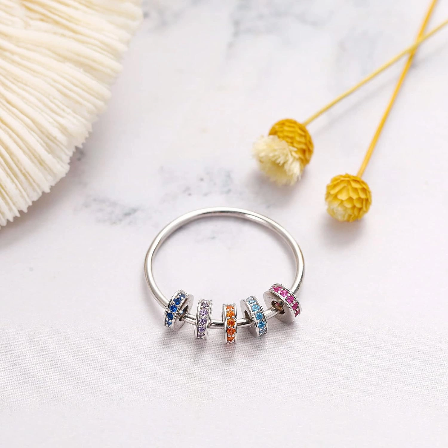 LOVECOM S925 Sterling Silver Fidget Anti Anxiety Rings With Cubic Zirconia Beads Spinner Ring for Women 14k Gold Plated Stress Relief Spinning Ring Jewelry Christmas Gifts for Mom to Daughter